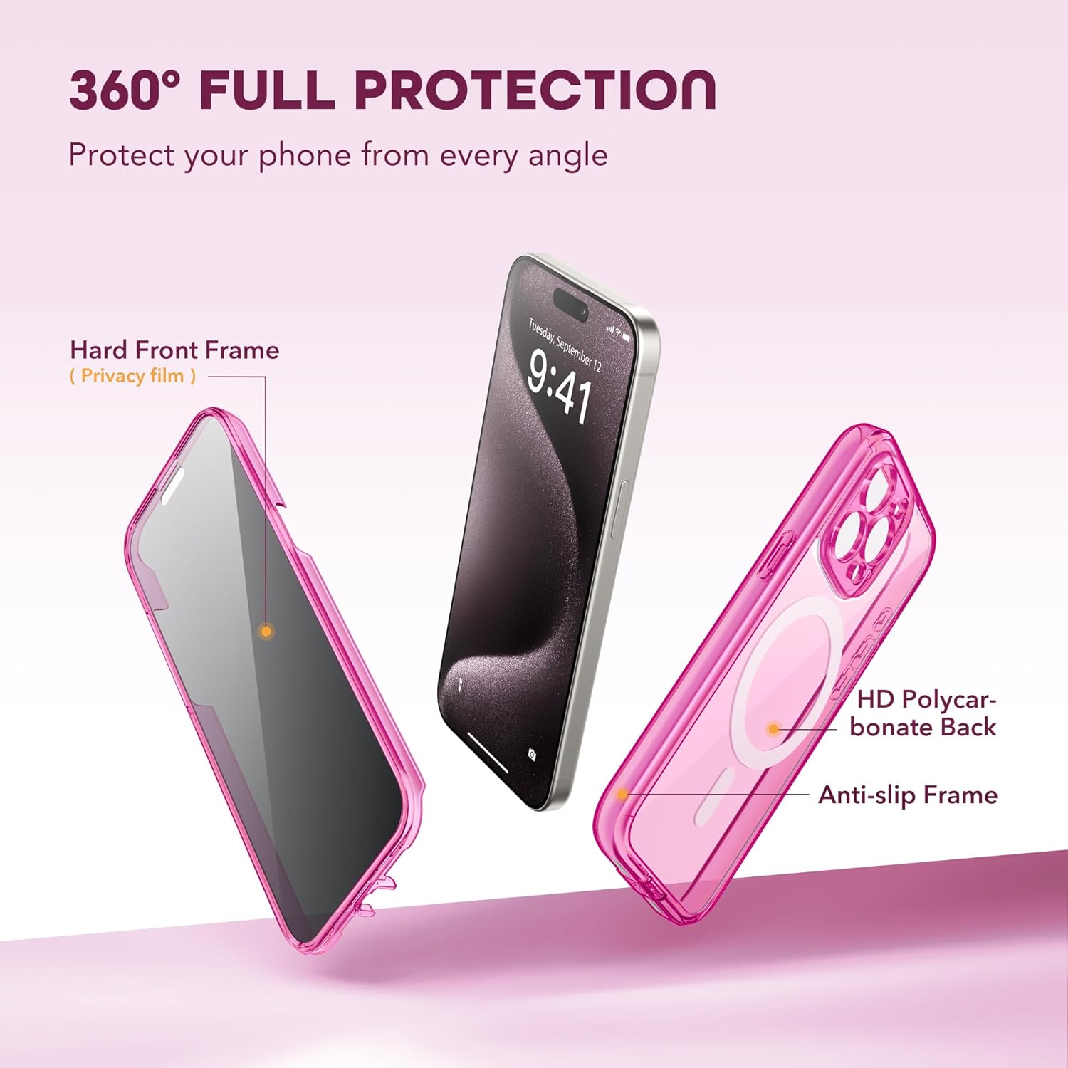 TIESZEN for iPhone 15 Pro Max Case, Compatible with MagSafe, Built-in Privacy Screen Protector and Camera Protection, Anti Spy Full Body Dustproof Shockproof Hard Phone Case 6.7",Neon Pink