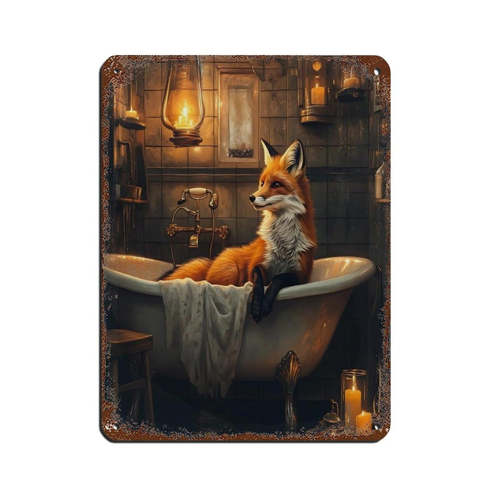 Rustic Fox in Bathtub, Cozy Bathroom Tin Sign Vintage Metal Pub Club Cafe Bar Home Wall Art Decoration Poster Retro 12x16inch(30x40cm)