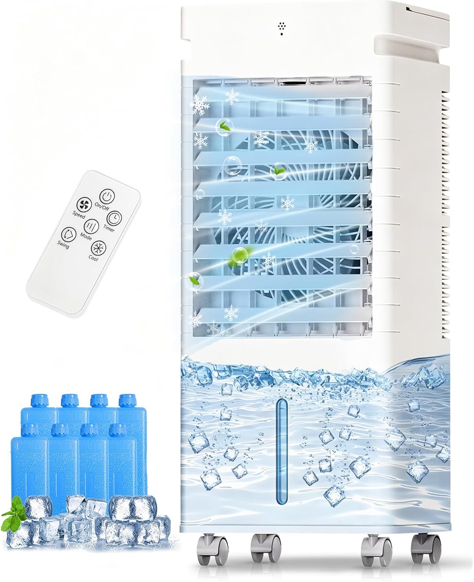 Aires acondicionados portátiles, enfriador de pantano unidad de aire acondicionado portátil para habitación, ventilador de refrigeración sin ventanas que sopla aire frío con tanque remoto de 5 litros, temporizador de 12 velocidades 9H, enfriador de aire evaporativo para dormitorio garaje (blanco)
