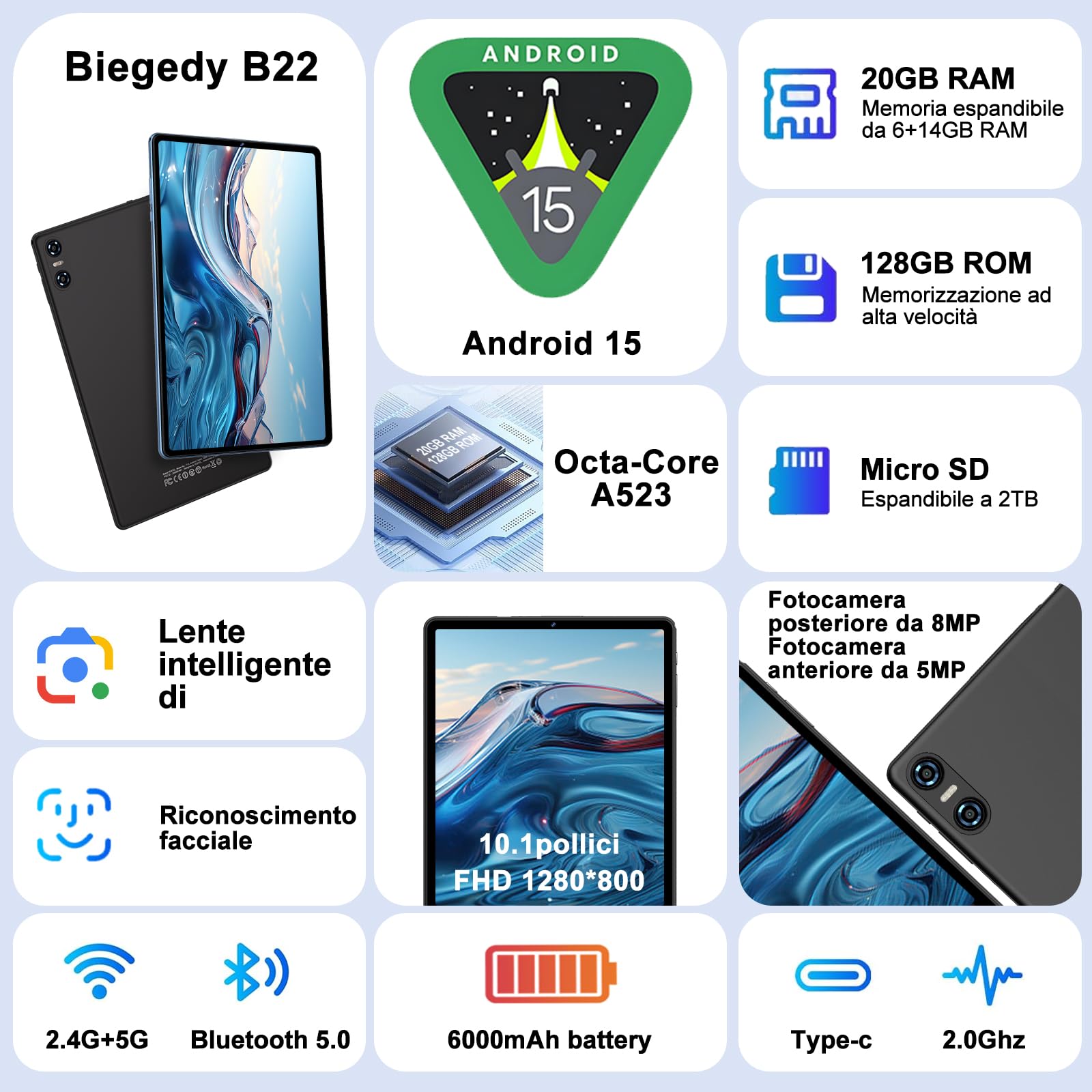 Biegedy Tablet 10 Pollici Android 15, Tablets 20GB RAM+128GB ROM (2TB TF), Octa-Core, Tablets 5G+2.4G WiFi 6, Widevine L1, GMS, Bluetooth 5.0, 6000mAh, 5+8MP, Tablet 2 in 1 Tastiera + Mouse - Nero