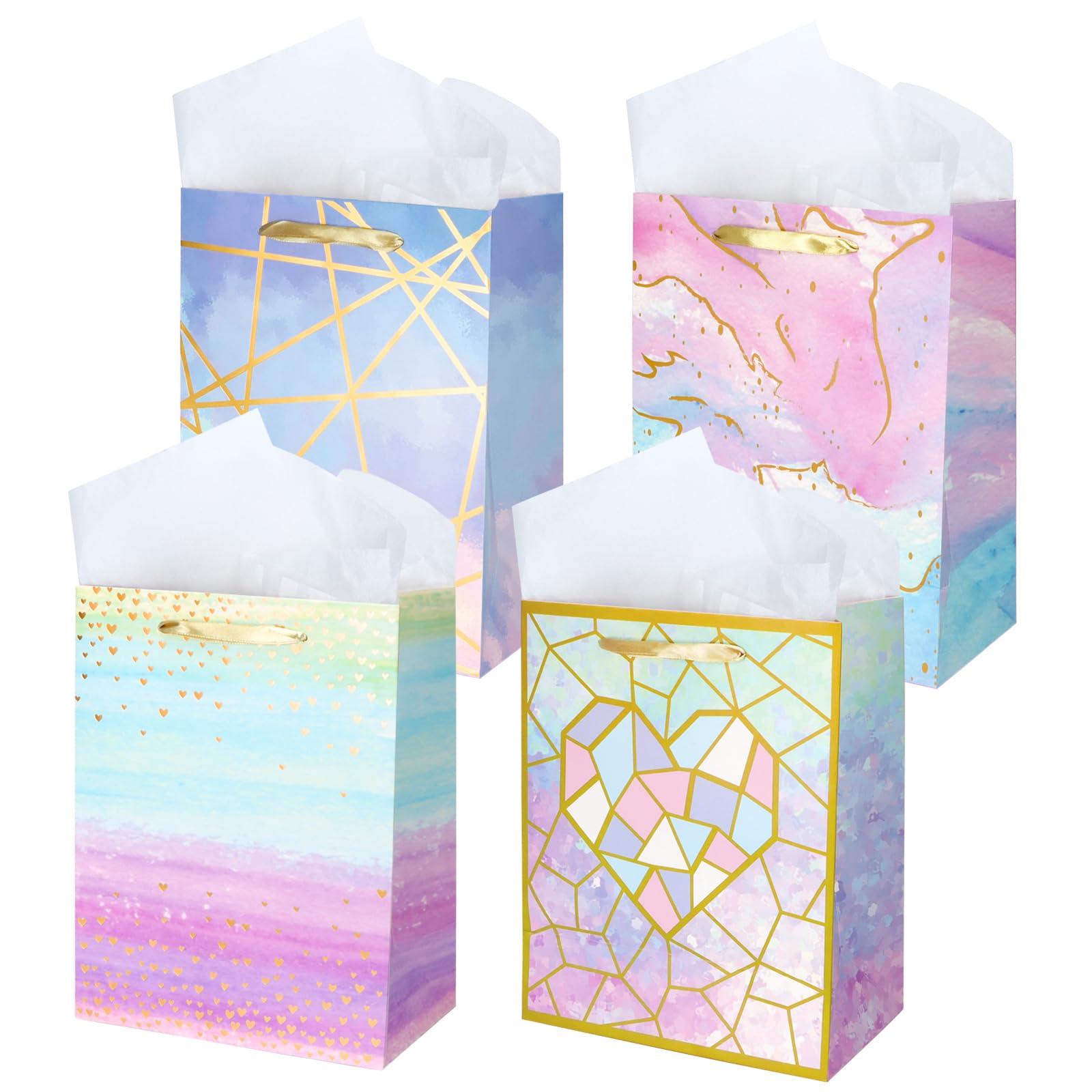 Tecmisse 12 Pack Medium Size Gift Bags with Handles 9'' Colorful Marble Pattern Paper Bags with Tissue Paper for Shopping, Parties, Wedding, Baby Shower, Holiday, Birthday, 7 x 4 x 9 Inch