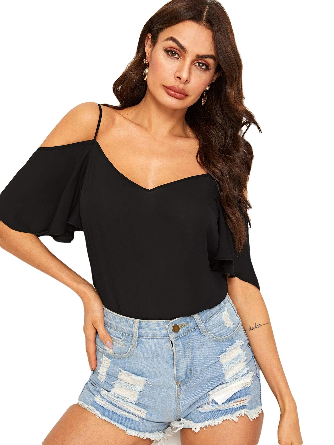 Istyle CanSolid Boho Style Regular Fit Short Flared Butterfly Sleeve Cold Shoulder Top for Women with Shoulder Straps