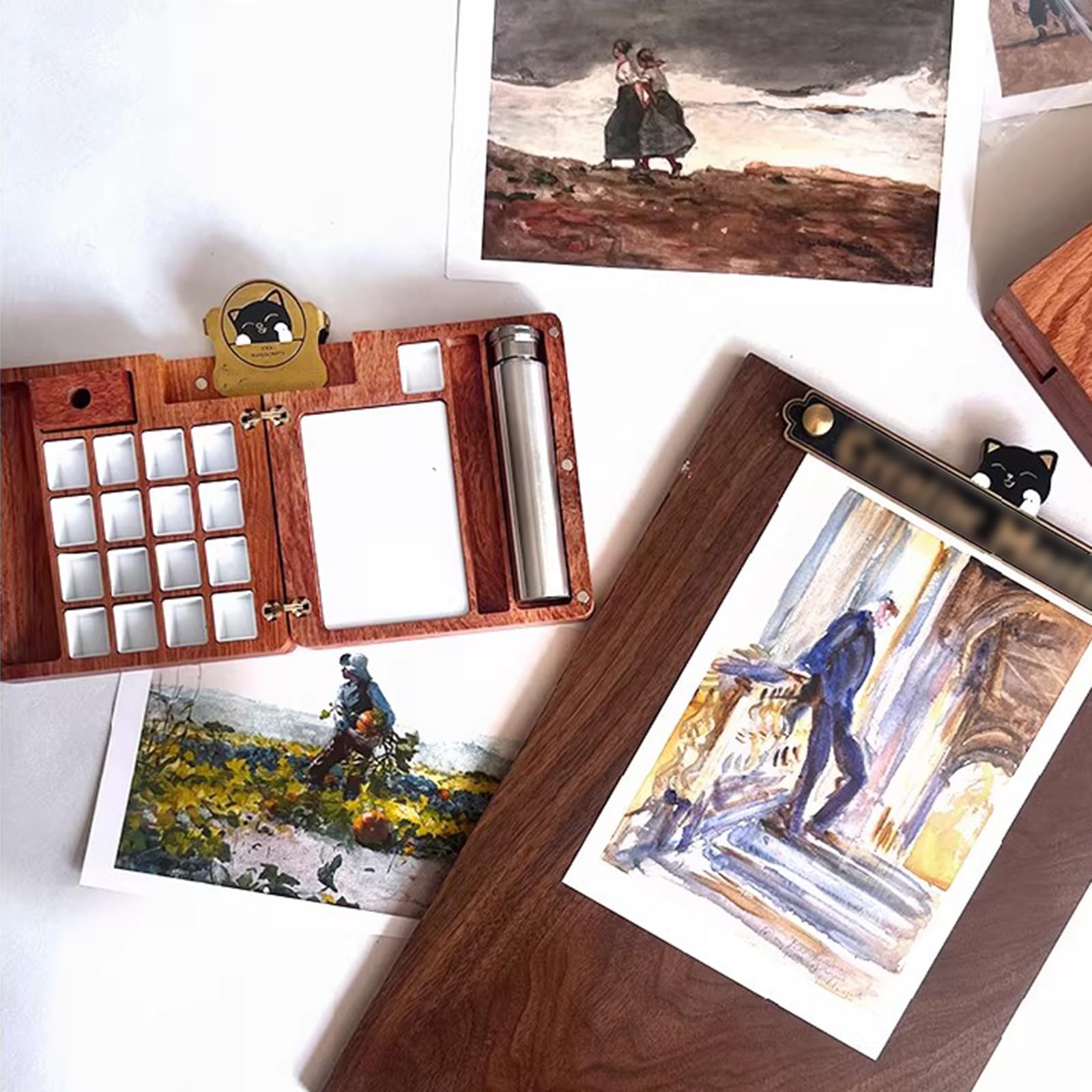 Palette d'aquarelle, mini portable 24 compartiments, boîte en bois de 2 ml avec tasse de lavage, plateau de voyage pour aquarelle, gouache, acrylique, idéale pour les artistes et les étudiants