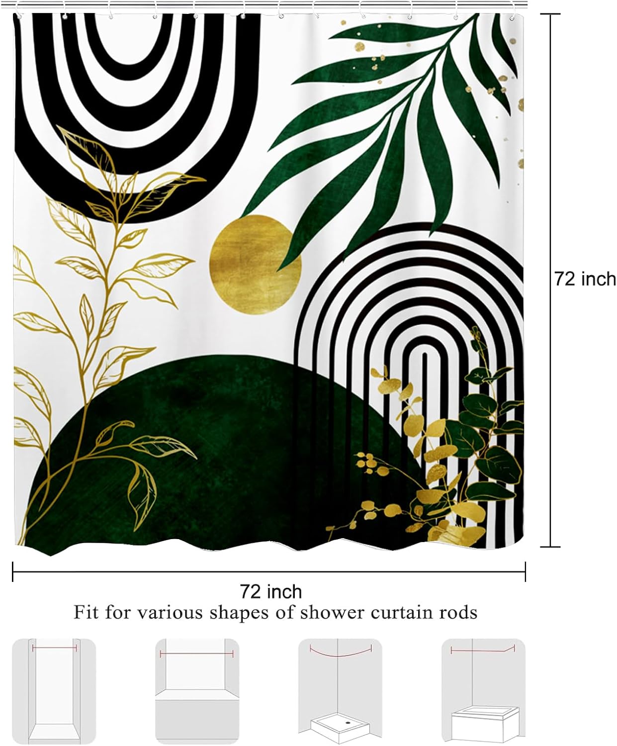 Olive Green and Gold Boho Mid Century Shower Curtain, Modern Minimalist Leaf Arch Sun Shower Curtains for Bathroom Waterproof Fabric Bath Curtain 72x72 Inch with 12 Hooks