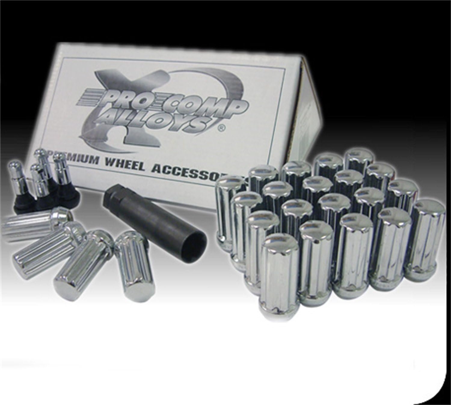 Pro Comp Wheels 21184 Lug Nut Kit Chrome 1/2 in. 25 Piece 4 Chrome Valve Stems/1 Lug Socket Lug Nut Kit