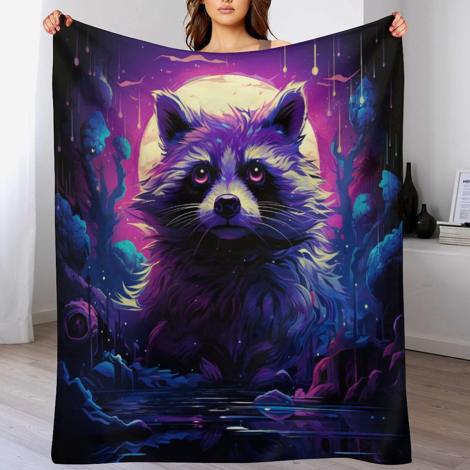Raccoon Throw Blanket, Flannel Throw Blanket Sofa Chair Cover Decorative for Bed Couch Soft Chair, Pattern Throw Travel Nap Throws Blanket（130×180cm） — image 1