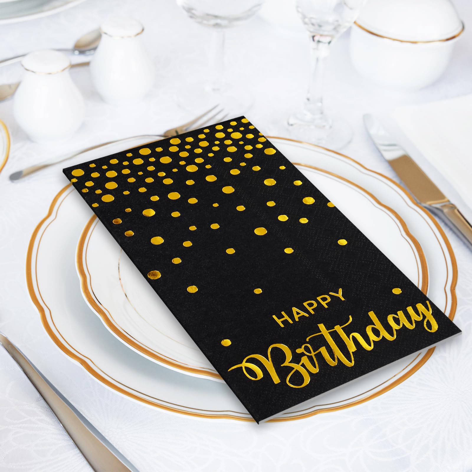 JarThenaAMCS 50 servilletas de papel desechables para invitados de feliz cumpleaños, papel de aluminio negro y dorado, servilletas de mano, para decoración de mesa de fiesta de cumpleaños