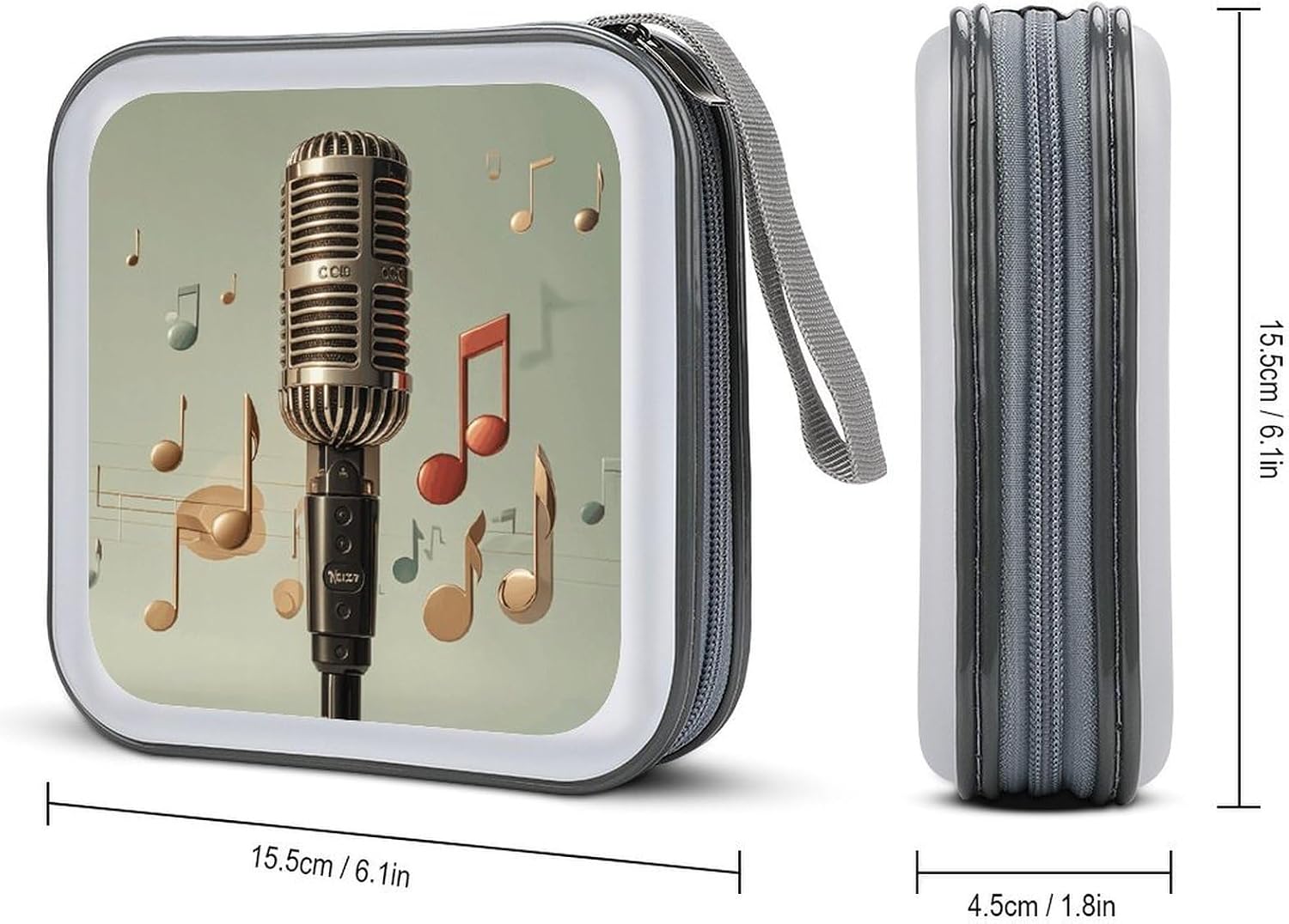 Microphone with Music Note CD Case Wallet 40 Capacity, Durable Waterproof Plastic CD/DVD Storage Case with Handle & Zip Closure, Portable DVD Disc Cases for Car, Office, Travel