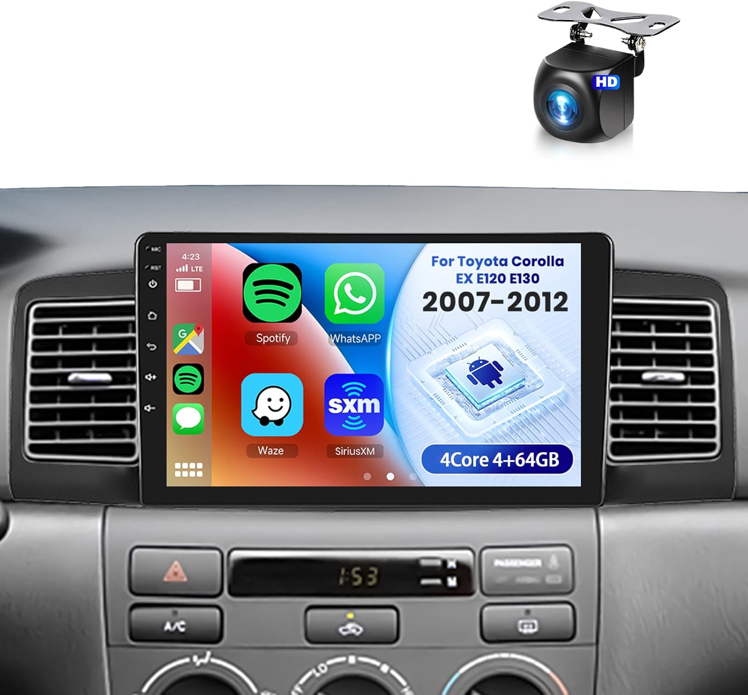 4+64G Car Radio Stereo for Toyota Corolla EX Screen 2007-2012 Android Wireless CarPlay Android Auto,9" IPS Touchscreen Car Stereo BT5.0, GPS,WiFi,SWC,59UI,32EQ AI DSP+Backup Camera for Corolla Radio