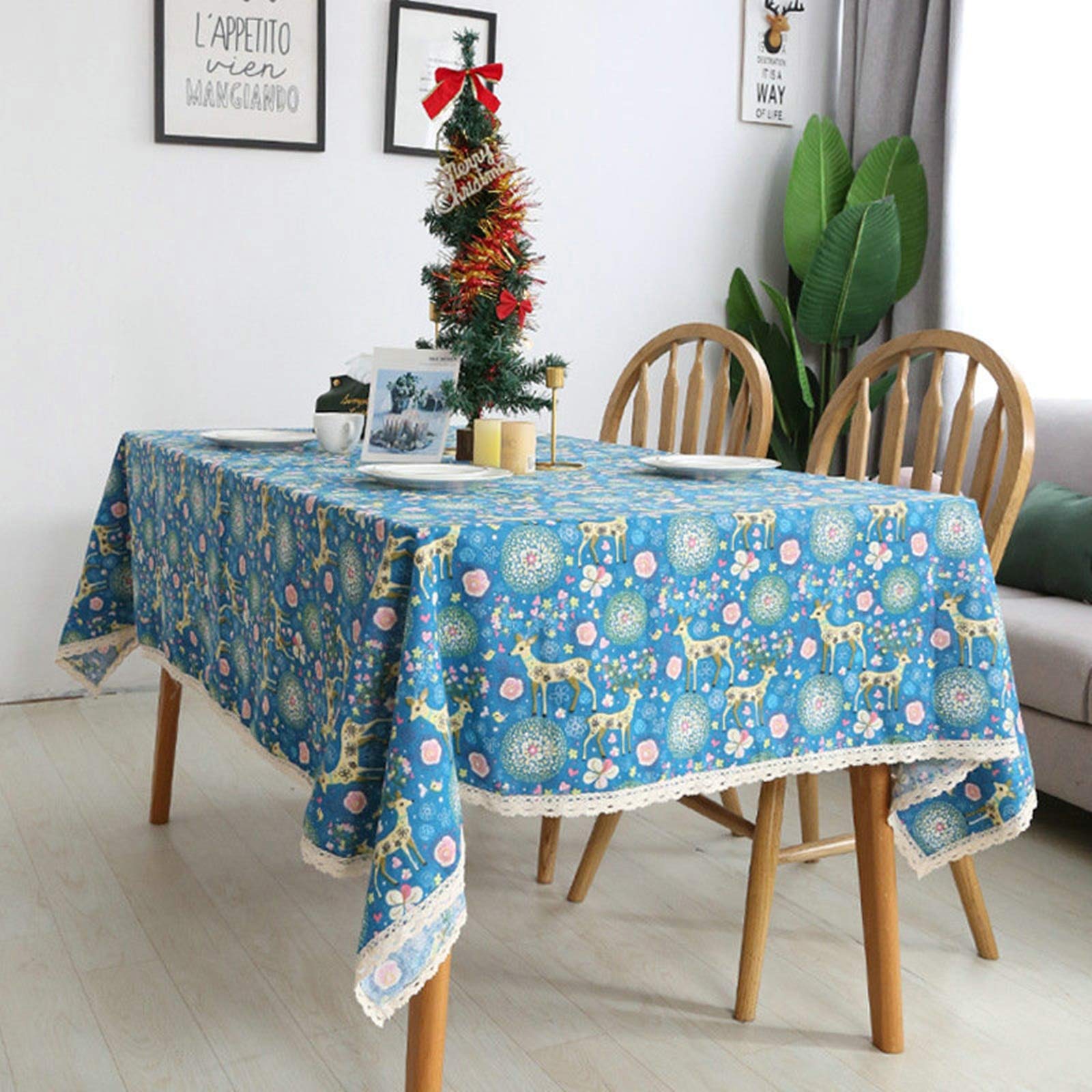 Nappe cerfs oniriques 140x180cm en polyester bleu moderne pour table de salle à manger et pique-nique