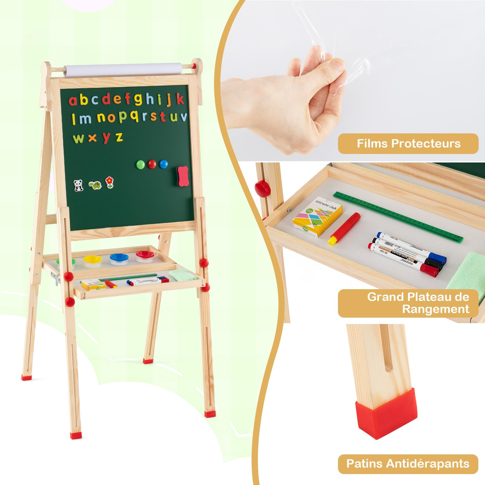COSTWAY 3 en 1 Tableau Enfant Double Face avec Rouleau de Papier & Tableau Noir/Blanc, Chevalet Enfant Pliable avec Étagère & Hauteur Réglable, 27 Accessoires pour 3-14 Ans (‎59,5x65x147cm)