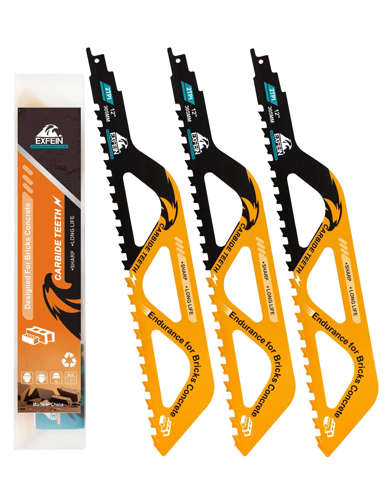 EXFEIN Reciprocating Saw Blades 305mm, 3-Pack Brick Masonry Concrete Cement Board Cutting Reciprocating Sabre Saw Blades