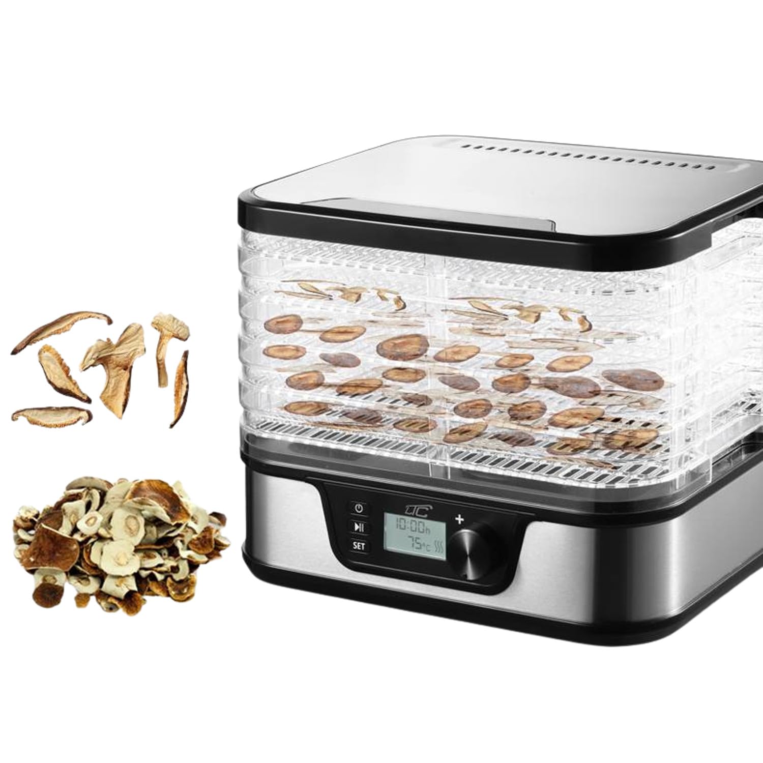 LTC 380W - Essiccatore alimentare elettrico con display LED e timer 24 ore 5 vassoi lavabili termostato 35-75°C per funghi frutta verdura erbe carni design robusto metallo nero