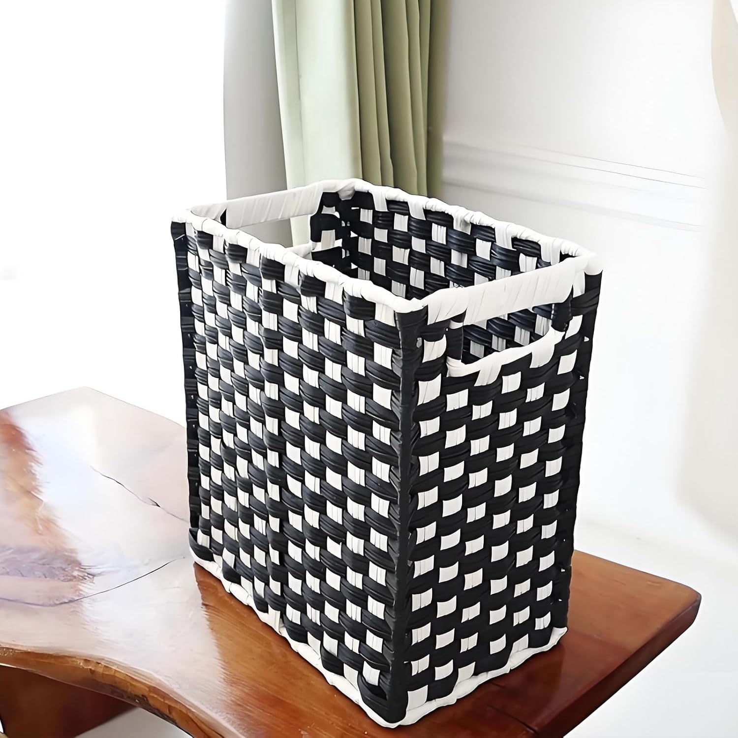 Black Woven Wicker 3.5 Gallon Fabric Trash Can, Storage Baskets, Waterproof Cute Waste Basket, Decorative Trash Bin for Bedroom, Office, Living Room, Kitchen Imitation Wicker - Foldable A