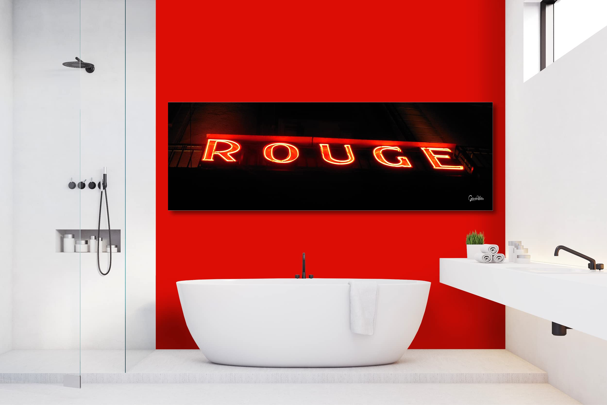 Glücksvilla - Rotes Rouge (Echtglas + Acryl 4 mm, 90 x 30 cm) | div. Maße - aus DE - Kunstdruck XXL Deko Wandbild quer - Hotel Reklame Leuchtschrift Schild Buchstabe