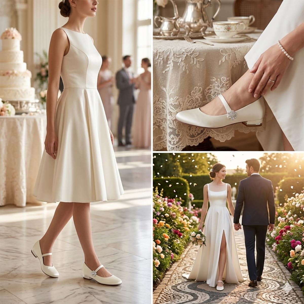 Zapatos Mary Jane para Mujer Planos de Raso, Bailarinas Elegantes con Flor de Brillantes y Tacón Metalizado, Zapatos de Boda o Oficina con Correa para Fiesta y Uso Diario