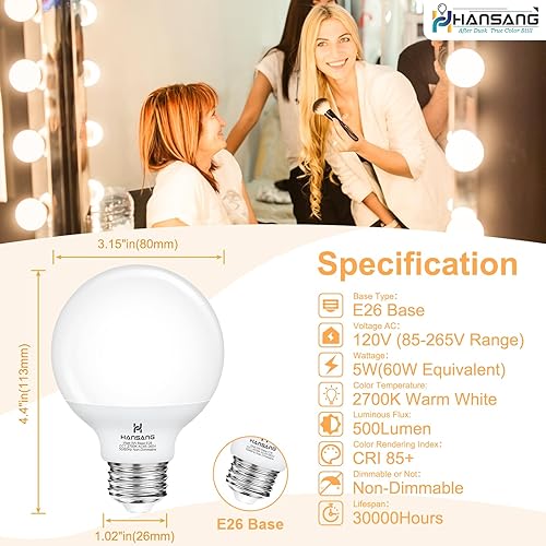 Miniatura 2 de Hansang 12 unidades de bombillas de tocador para baño, bombilla LED redonda de base E26, 2700 K, blanco cálido, 60 W de equivalencia, G25, bombilla