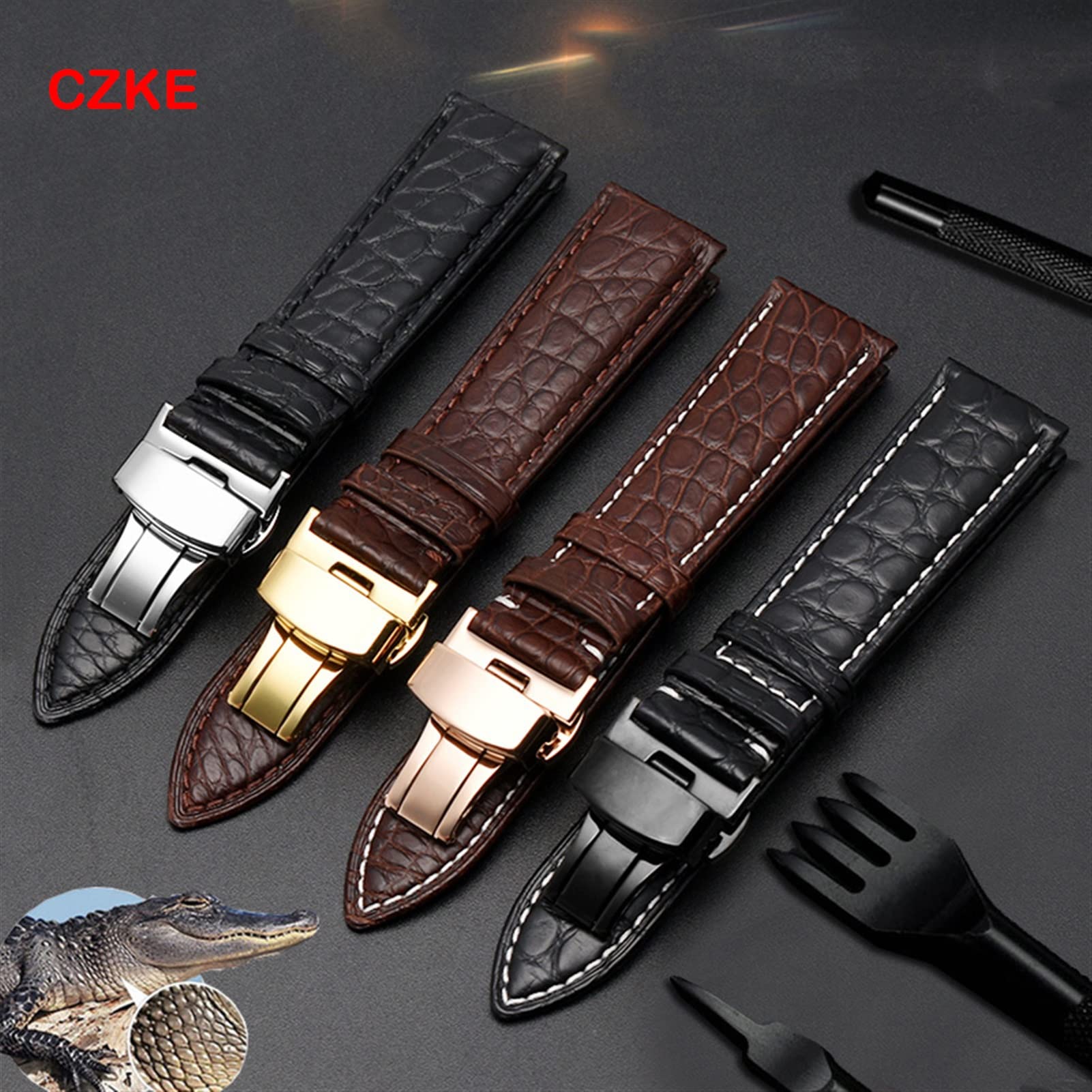 Correa de reloj de piel de cocodrilo para cualquier marca de 12, 13, 14, 15, 16, 17, 18, 19, 20, 21, 22, 23, 24 mm, con cierre plegable, 23mm, Ágata