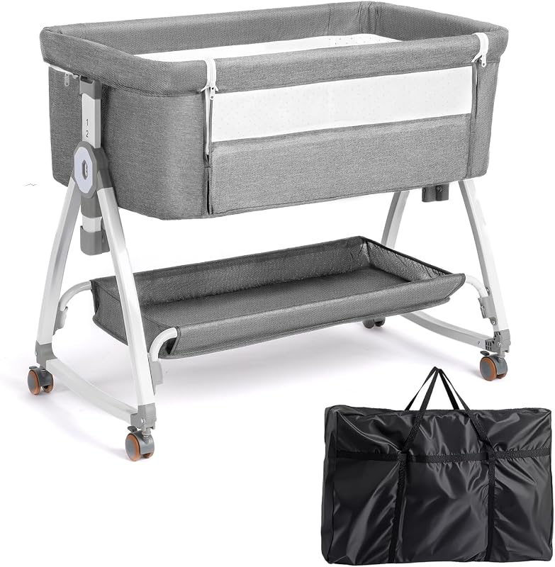 JOYMOR Moisés 3 en 1, Moisés de noche para bebé, con cómodo colchón y ruedas, 6 altura ajustable, fácil plegable, cuna portátil para recién nacido (gris)