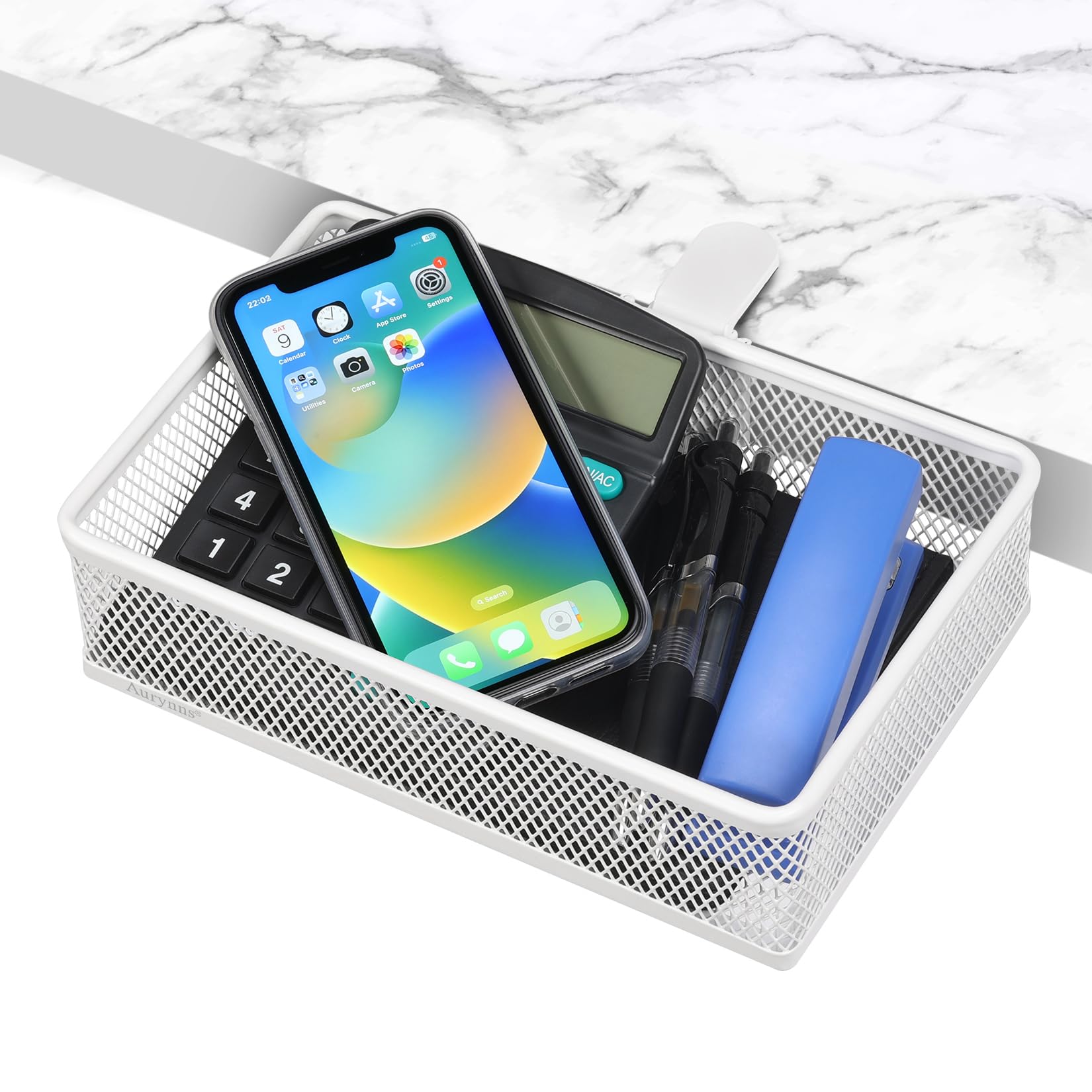 Aurynns Under Desk Drawer Organizer - Clamp-On Above or Below Desk Mesh Drawer for Office Accessories, Storage Tray, and Desktop Organizer (White -