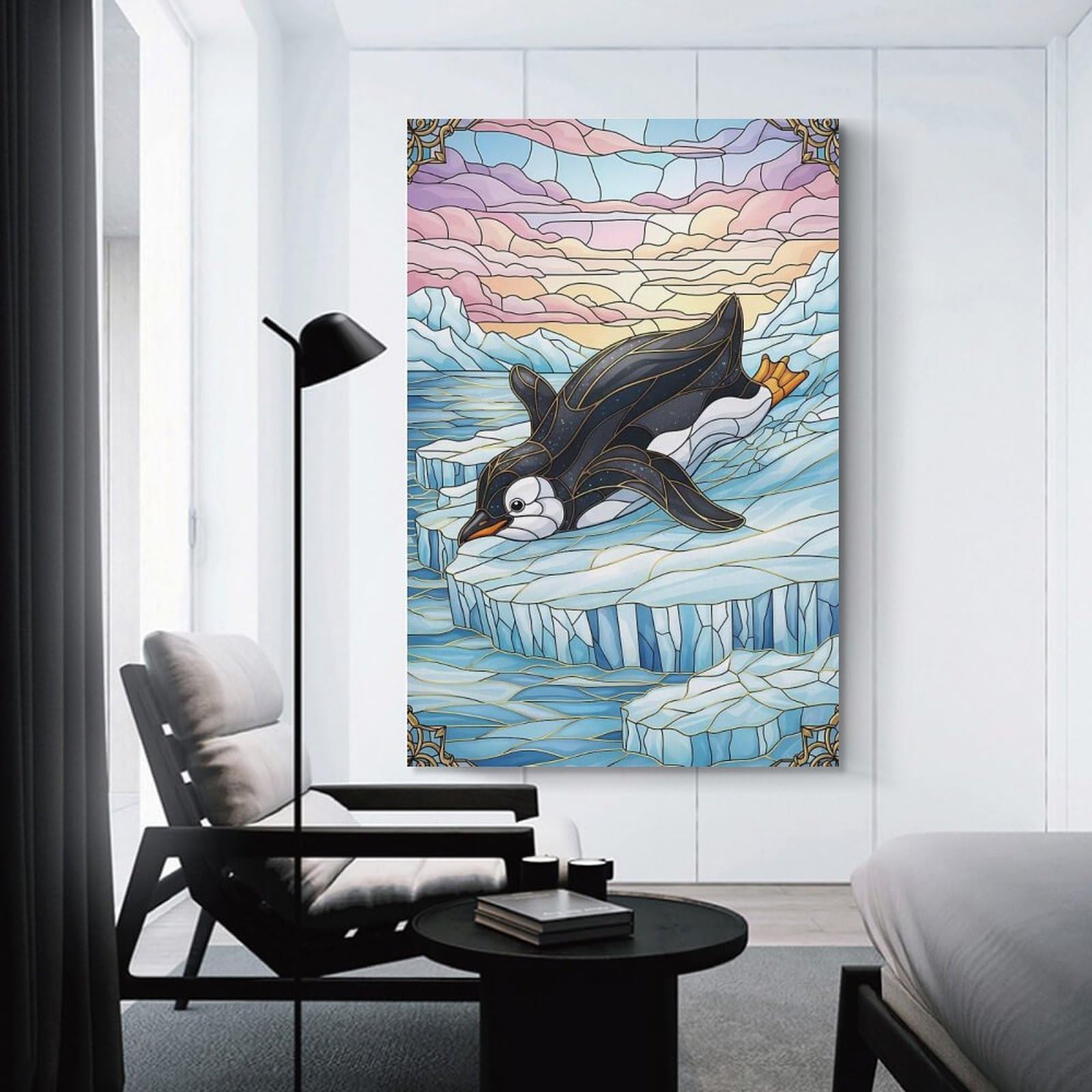 Junmoney Wall Picture Print Stained Glass Penguin on Ice, 24x36inch(60x90cm), for Living Room, Lounge Or Sitting Room, Modern Wall Decor for Cosy Interiors