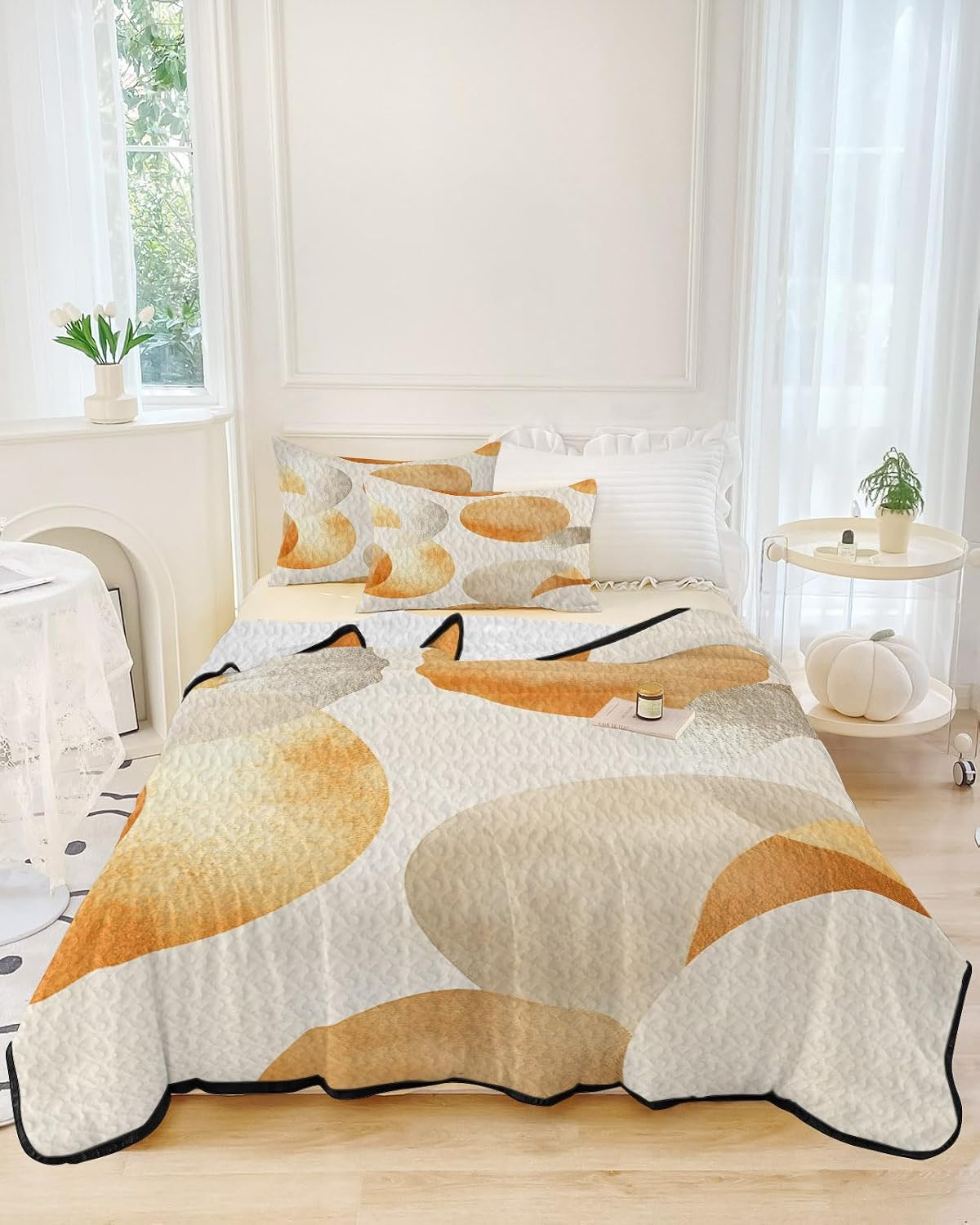 Full Size Quilt Set, Bohemian Gold Color Block Lightweight Bedspread Coverlet Set Soft Microfiber Summer Quilt with 2 Pillow Shams, Minimalist Nordic Art 3 Piece Comforter Bedding Set