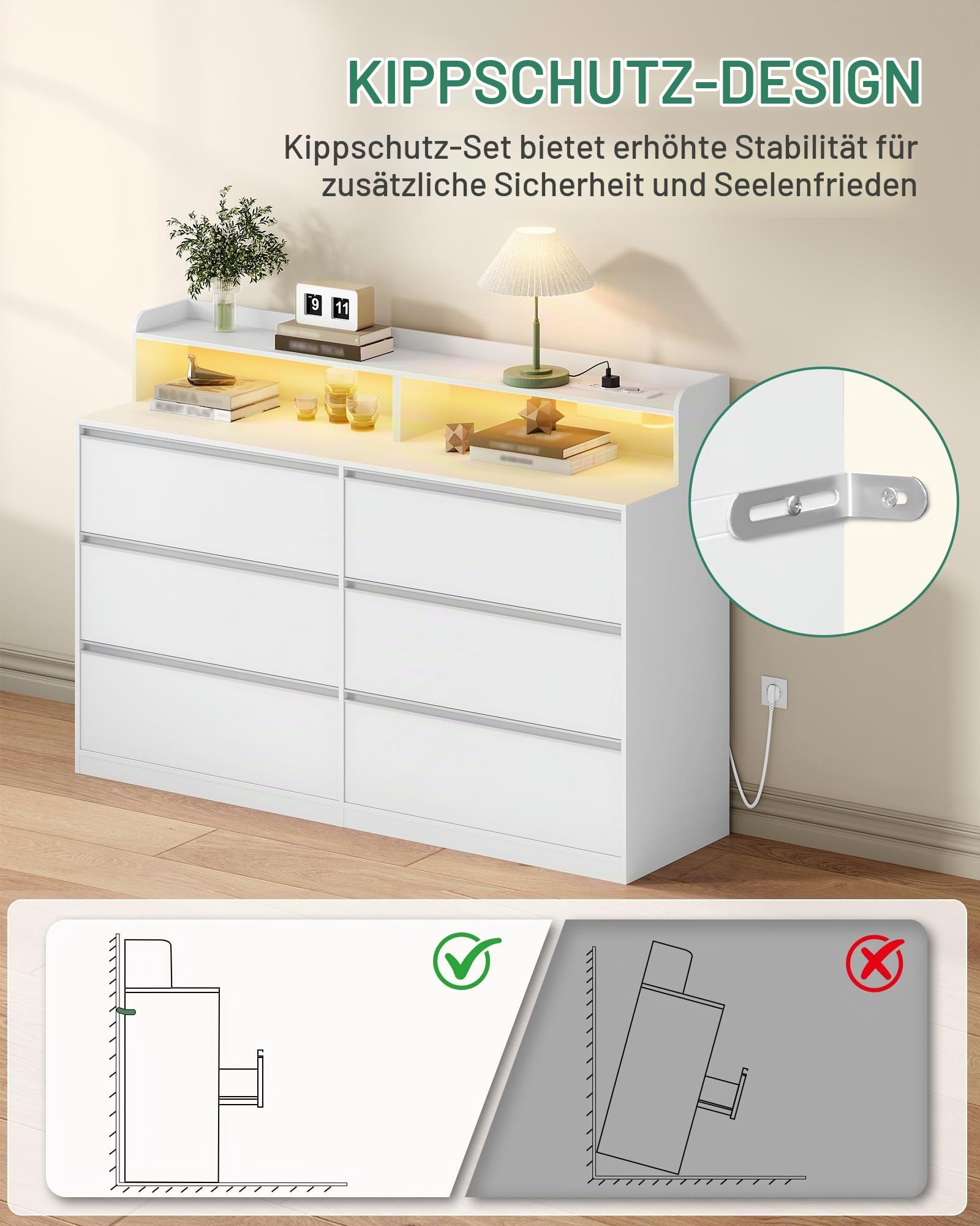 Hzuaneri Kommode mit LED-Beleuchtung, 6 Schubladen, 40 x 140 x 95 cm, Weiß | Moderner Seiten-Schrank, Mehrzweck-Aufbewahrungsmöbel für Schlafzimmer, Wohnzimmer, Eingangsbereich, 1214003XEU