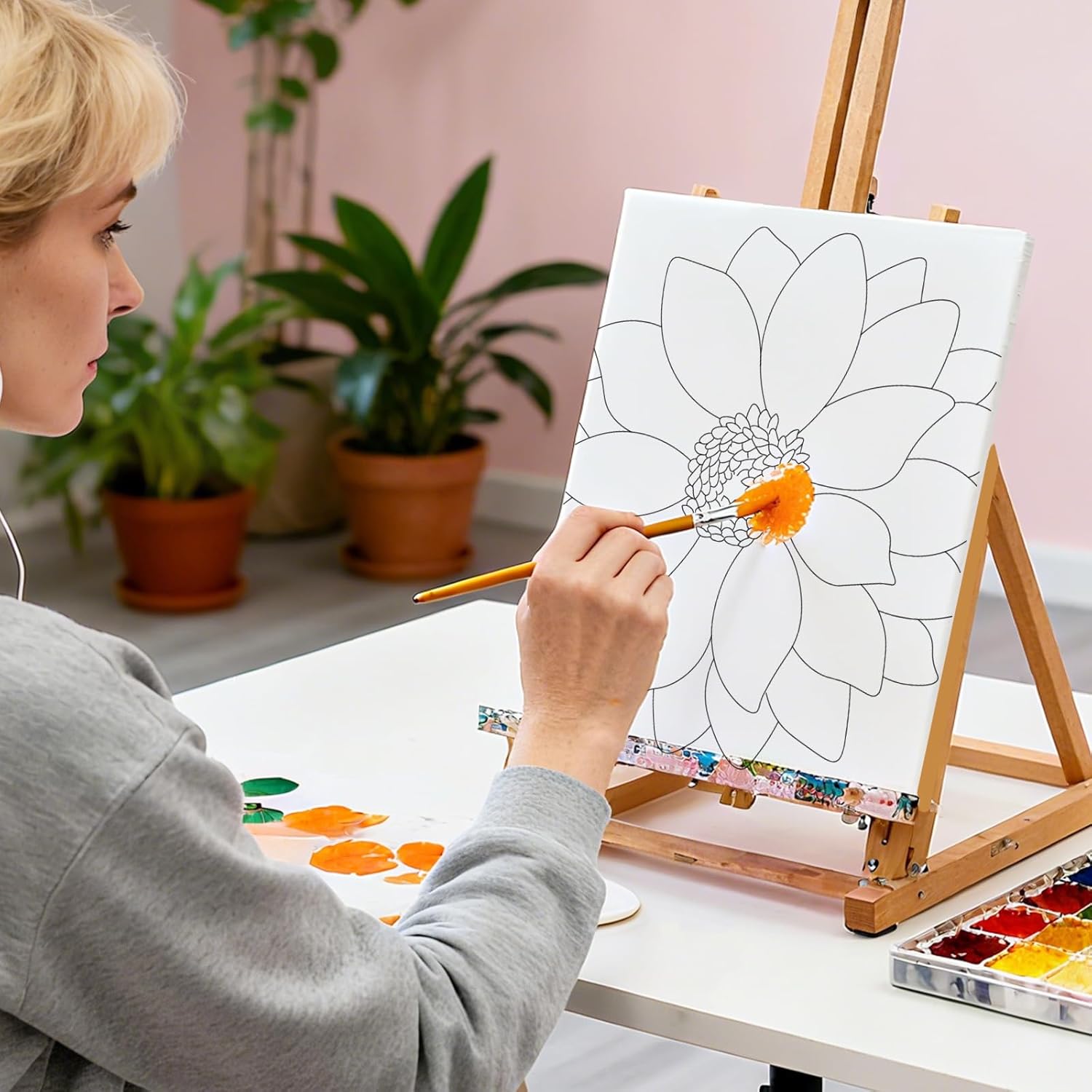 MAYJOYDIY 12 Pcs Pre Drawn Canvas to Painting Beautiful Flower Pre Printed Canvas for Adults 9.8×7.9inch Sunflower Lily DIY Paint Art Supplies for Beginners, Students, Party Gifts