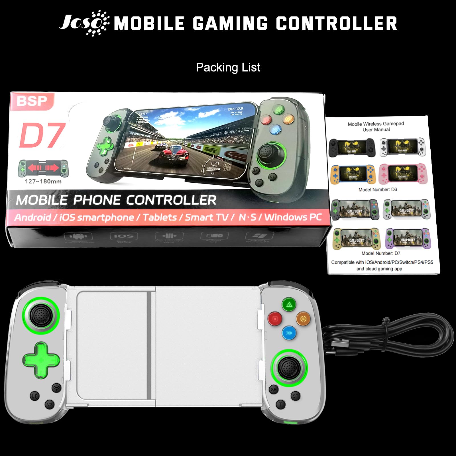 Joso Controller di Gioco Mobile per iPhone/Android/PC/Switch/PS4/PS3, Joystick Bluetooth Gamepad con Turbo/giroscopio/Vibrazione a 6 Assi, Play Call of Duty, Roblox, Genshin Impact, Cloud Gaming