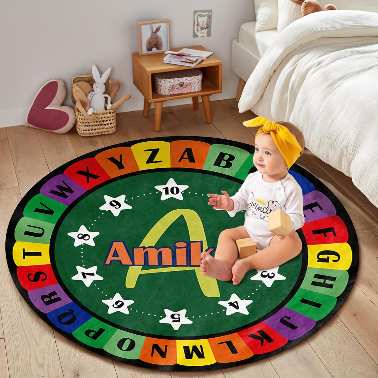 ABC Nursery Rug Custom with Name, Personalized Round Rainbow ABC Rug for Baby Boys Toddlers Kids, Soft Activity Crawling Play Mat Area Rugs Deep Green(3.9ft/47)