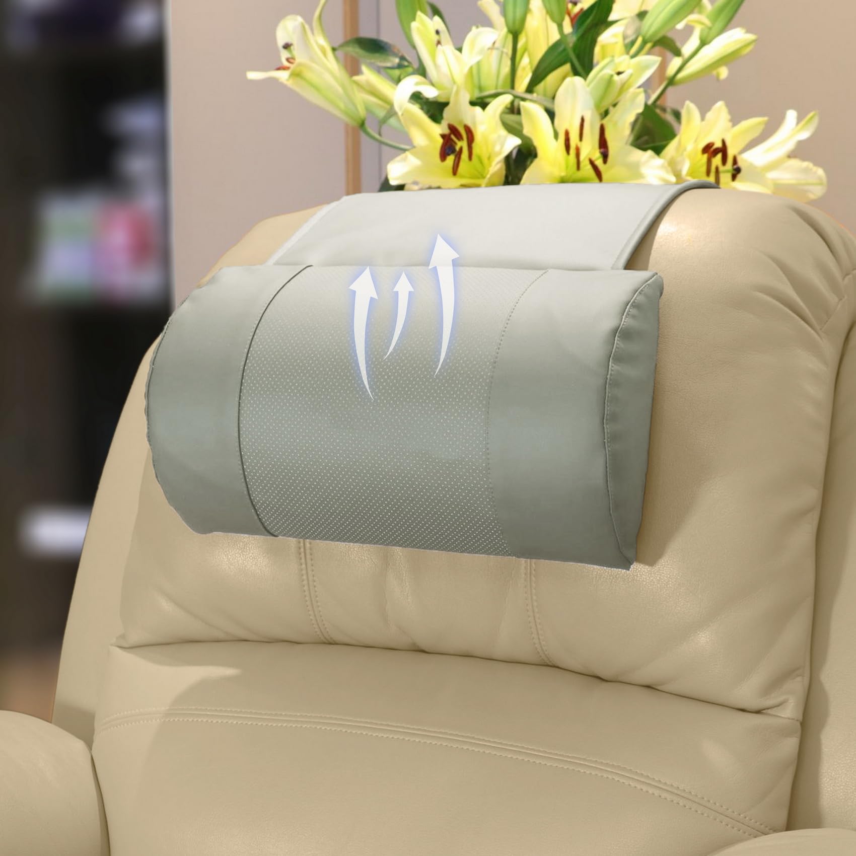 AmazeCov Non-Slip Memory Foam Neck Pillow for Recliner - Adjustable and Breathable Perforated Leather Design in Light Gray, Ideal for Pain Relief at