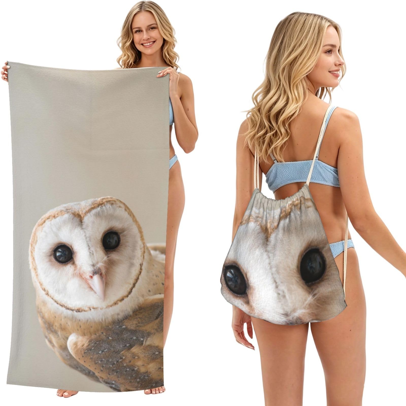 WSHFFILO Funny Owl printed 2 in 1 Packable Towel Bag Bath Towel Beach Towel