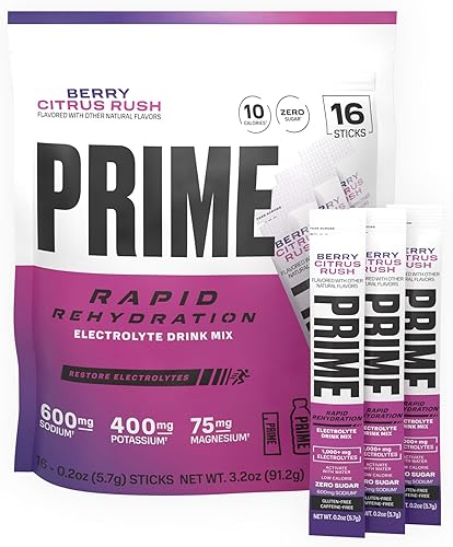 Miniatura 1 de Prime Rapid Rehydration Electrolyte Powder Sticks, Berry Citrus Rush, mezcla de bebida de hidratación sin azúcar con sodio, potasio y vitaminas B,