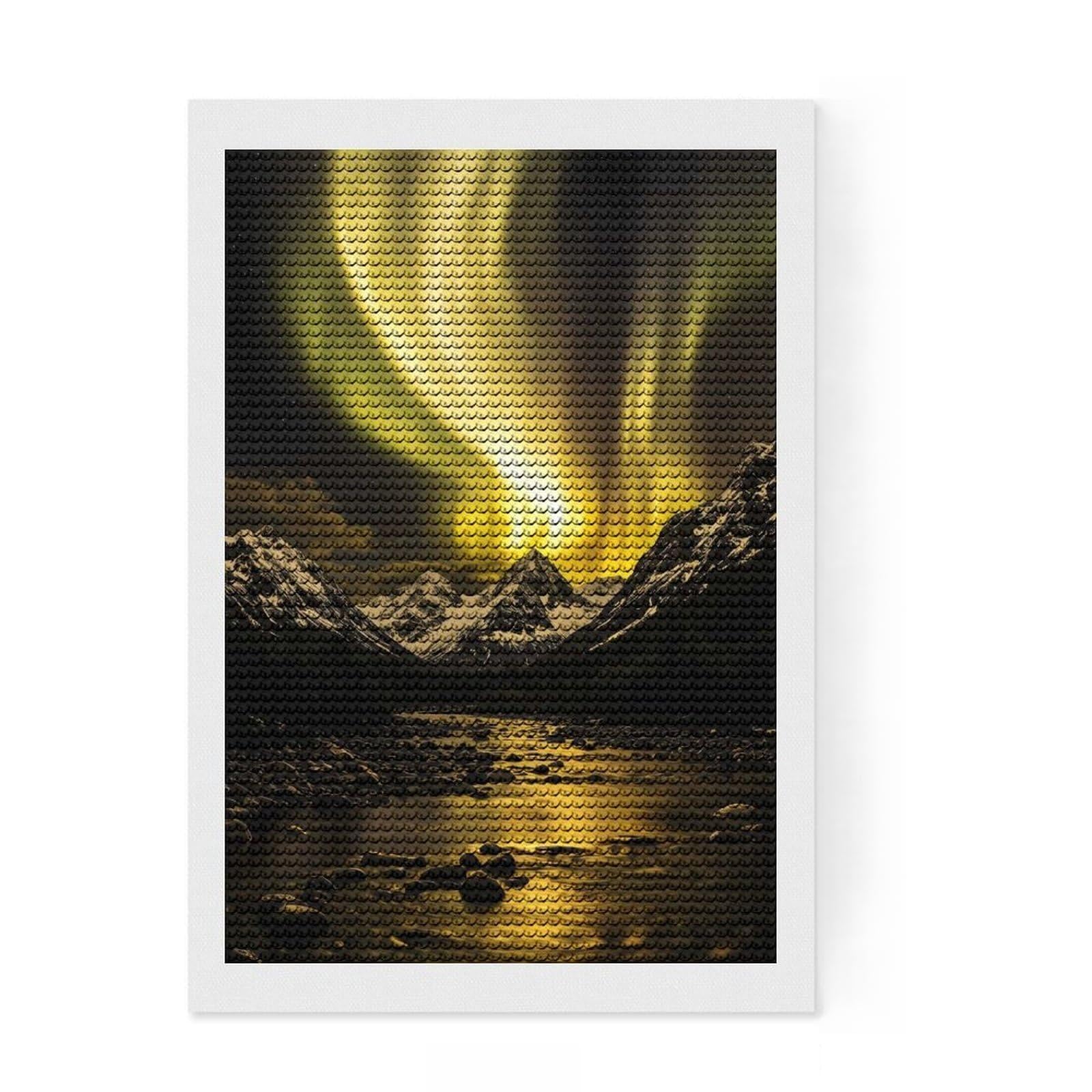 Junmoney Aurora Borealis Over Snowy Mountains Diamond Painting Kit 8"x12", Neat Printed Canvas, Sparkling Round Gems, Fun Craft Experience, Office Decor