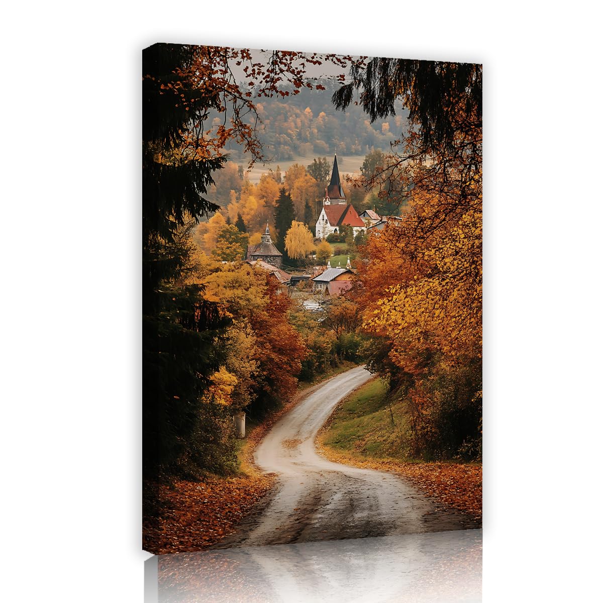 Via Vela Countryside Village Wall Art Canvas Framed Mountain Town Road Painting Vintage Autumn Forest Lane Poster Nature Picture for Living Room Corridor Decor 70x110cm