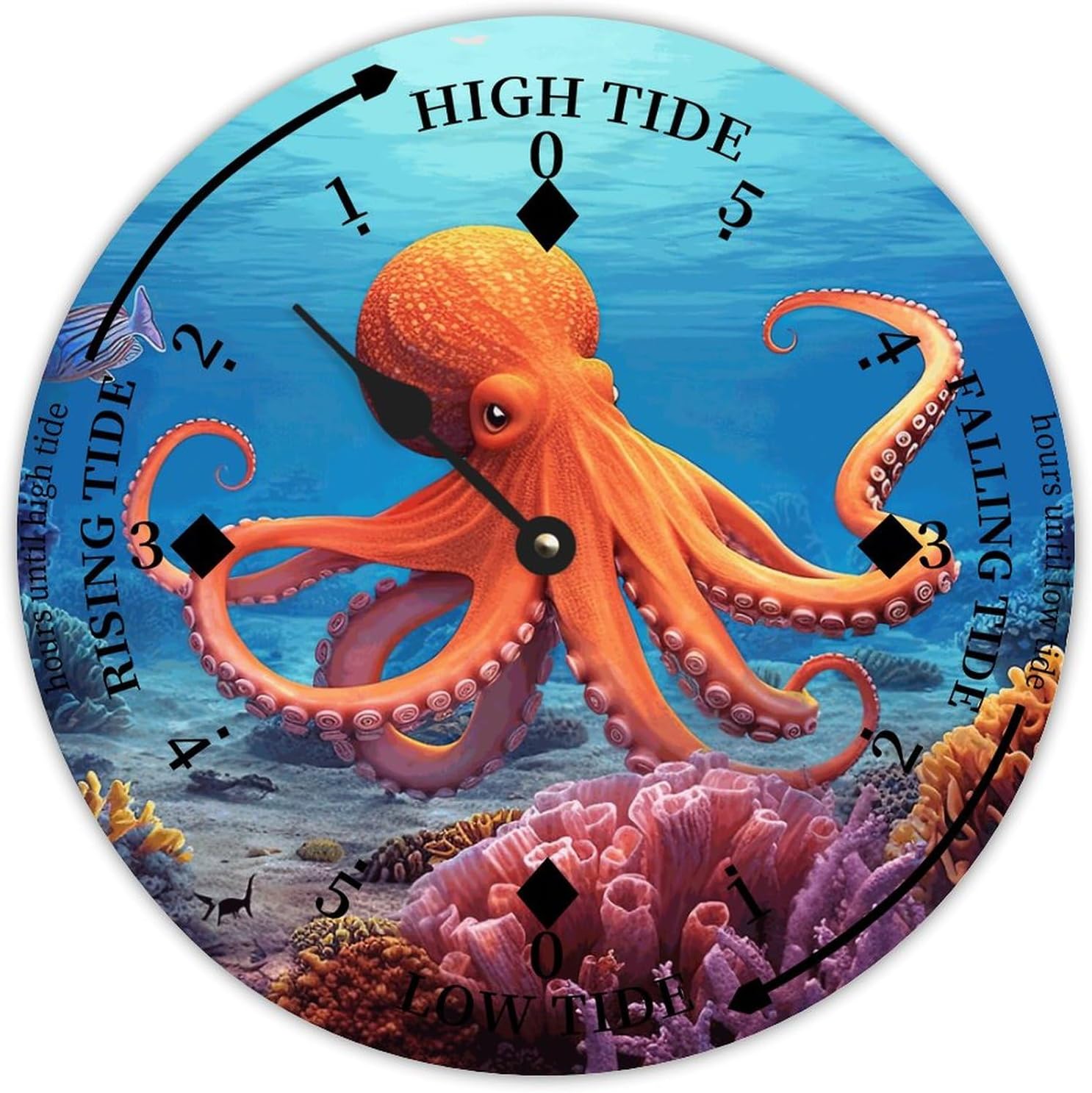 Ocean Octopus Wood Tidal Clock Ocean Time Maritime Coastal Beach High Tide Low Tide Clock Rustic Wooden Nautical Tide Movement Vintage Decor for Beach House Kitchen Wall Art 15x15 in