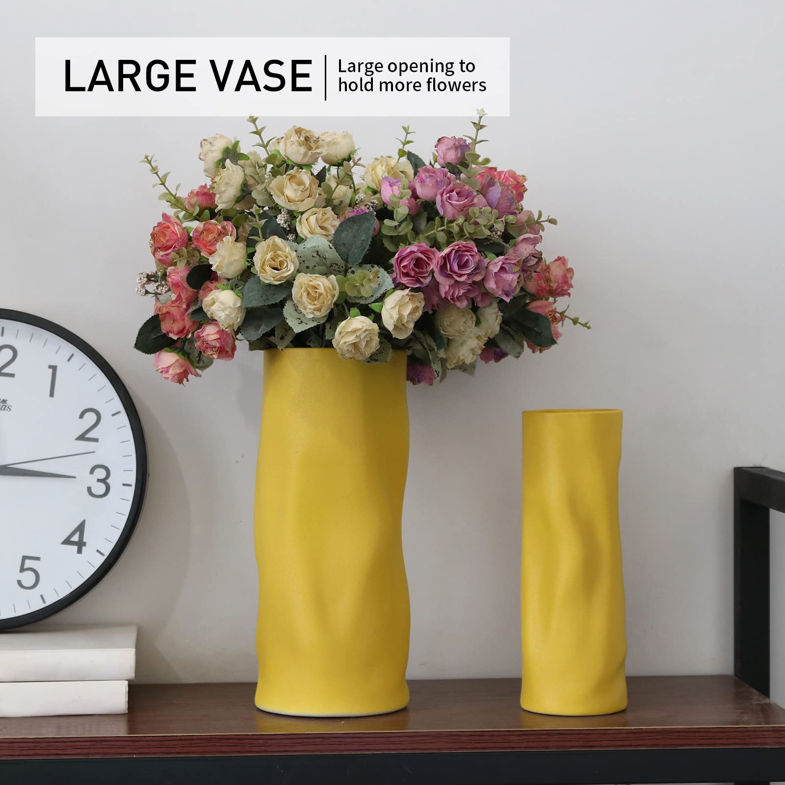 Abbittar Ceramic Vase Set of 2, 10.7" and 9" H Large Flower Vases for Rustic Home Decor, Modern Farmhouse Decor, Living Room Decor, Table, Counter, Mantel and Entryway Decor (Light Yellow)