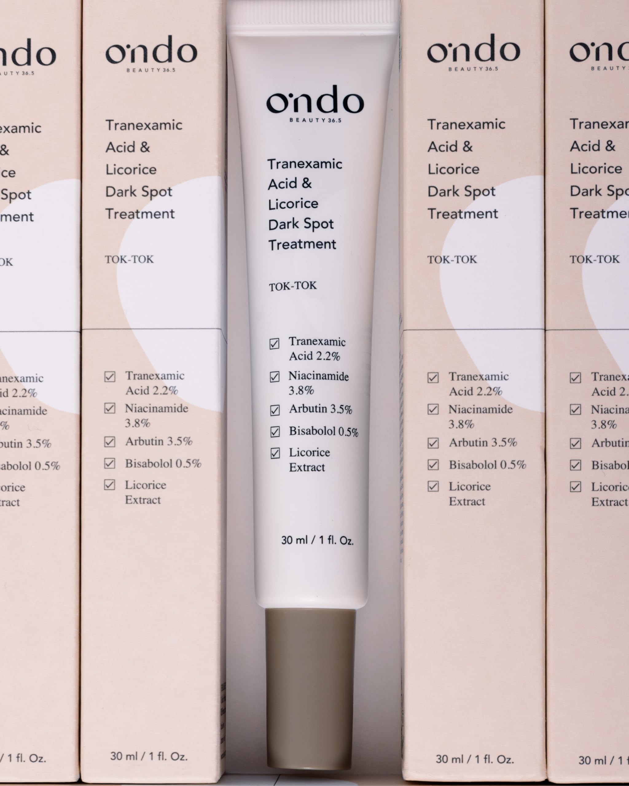 Ondo Beauty 36.5 TRANEXAMIC ACID & LICORICE DARK SPOT TREATMENT, Wegański krem z kwasem traneksamowym i niacynamidem, zabieg na plamy na twarzy, przebarwienia, jednolity odcień skóry, 30 ml