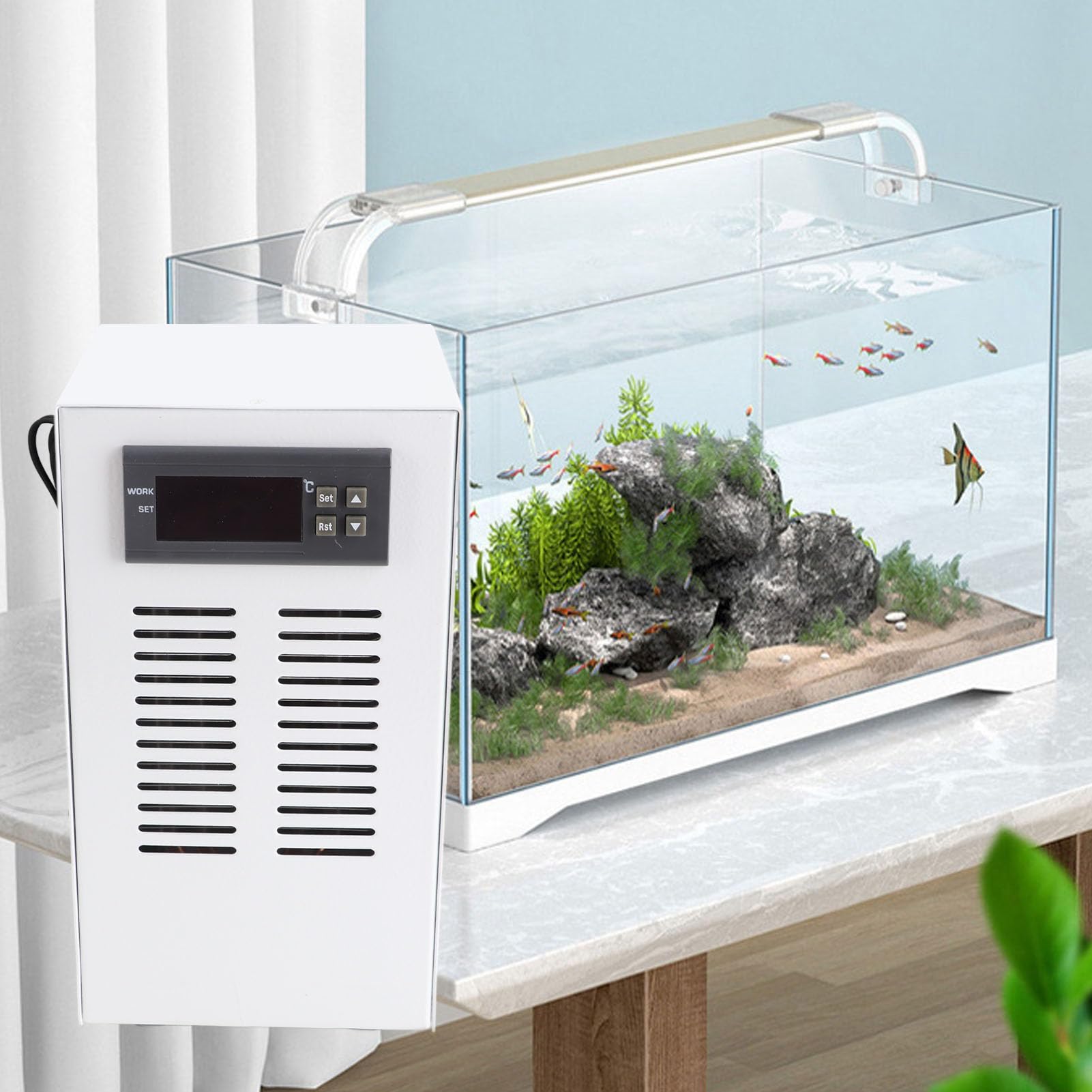 Enfriador de tanque de agua, enfriador de acuario, 3 L/min 30‑35 DB Sistema de enfriamiento silencioso con bajo nivel de ruido, para mascotas hidrofíticas (enchufe de la UE)
