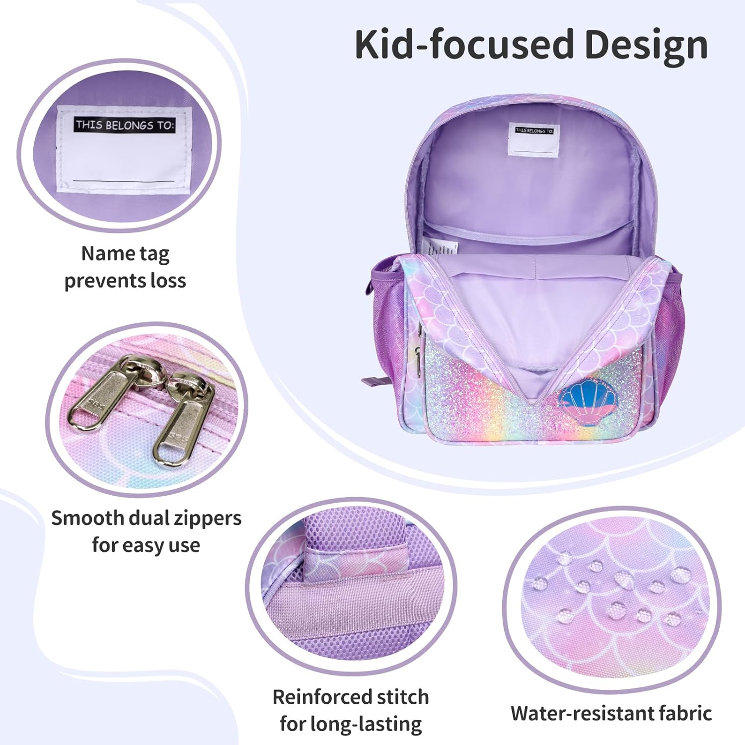 2pcs Kids Backpack for Girls 4-7 with Insulated Front Pocket, 15 Inch Backpack with Snack Bag, Kindergarten Bookbag Fits Folders, Reflective Safety Strips, Purple Mermaid - Image 7