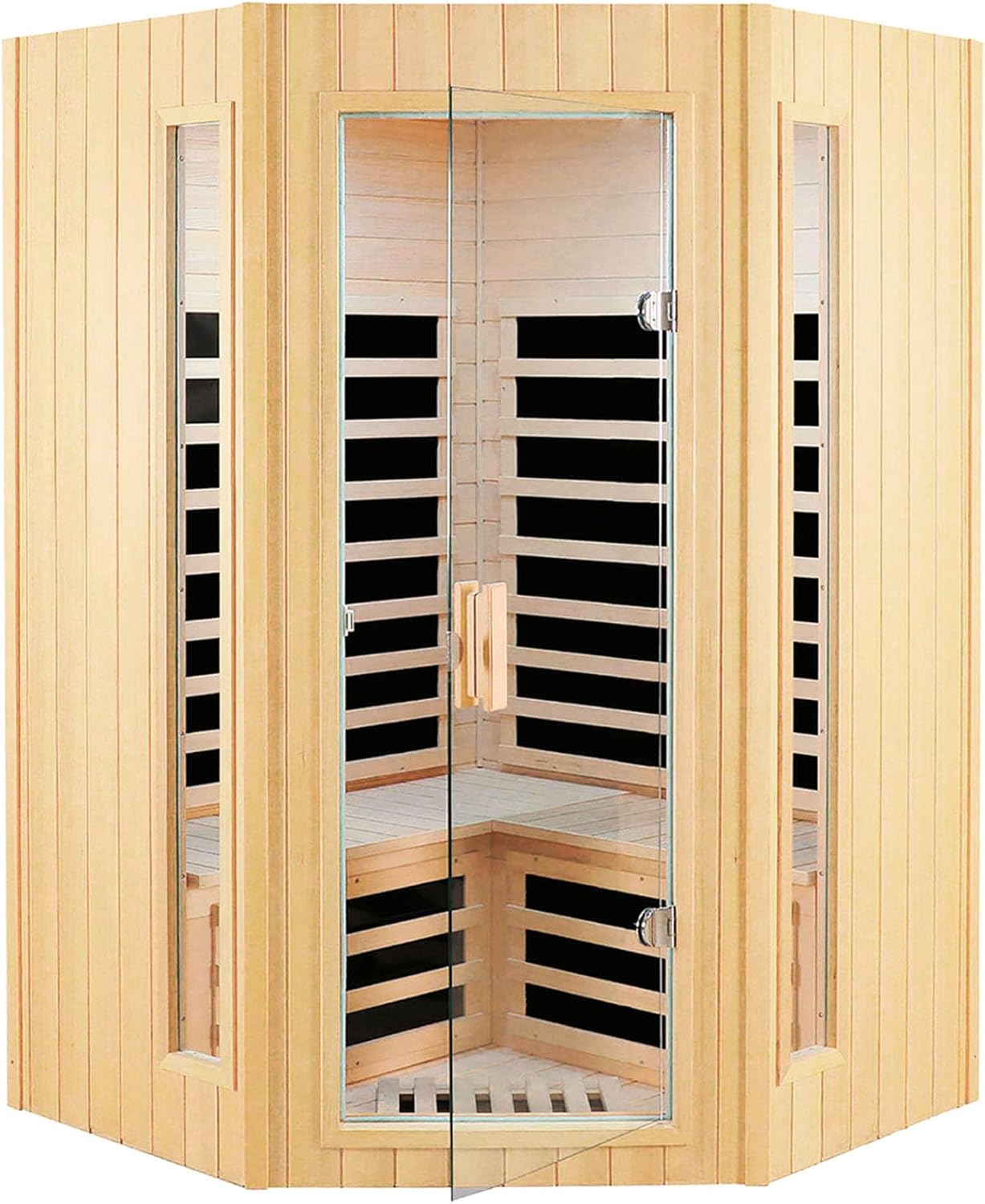 Far Infrared Wooden Sauna Room, 2-3 Person Home Sauna Canadian Hemlock Indoor Corner Sauna Spa, 2 Bluetooth Speakers, 2 LED Reading Lamp, 3 Chromotherapy Lights