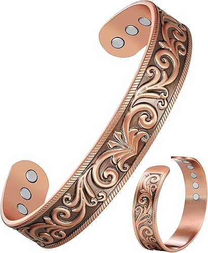 Feraco Pulseras magnéticas de cobre para hombres y mujeres con imanes curativos, patrón de árbol de la vida, brazalete de terapia de cobre sólido