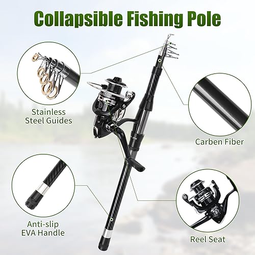 Miniatura 3 de Combo de carrete de caña de pescar, 2 cañas de pesca telescópicas de 6.89 pies, 2 carretes giratorios, juego de alicates de pesca con bolsa de Negro