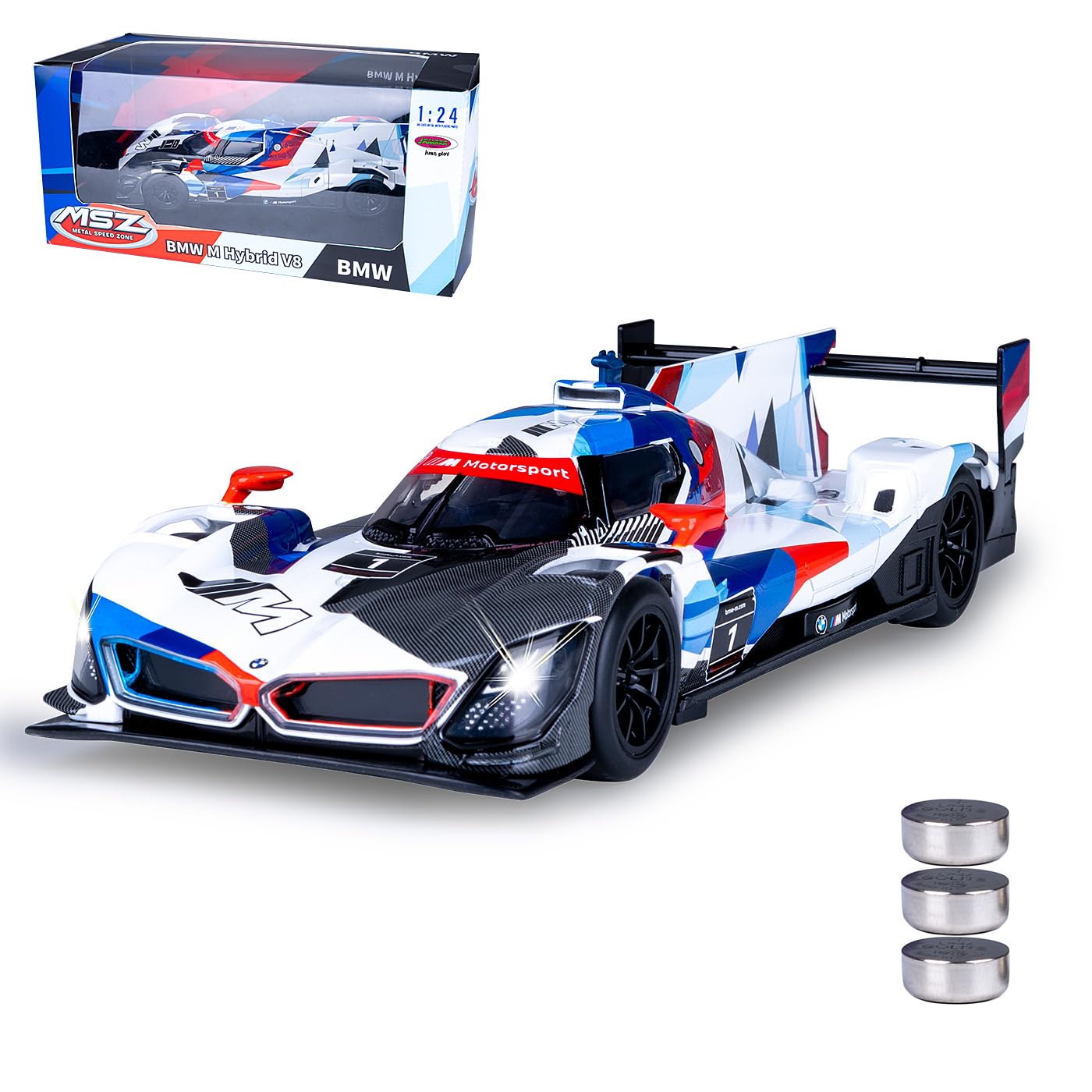 JAMARA 402632 BMW M Hybrid V8 Diecast 1:24 inkl. Knopfzellen - Modellauto Spielzeug, Kinder Car, Model Miniatur Fahrzeuge, Geschenkidee für Jungen und Mädchen, Licht, Motorsound