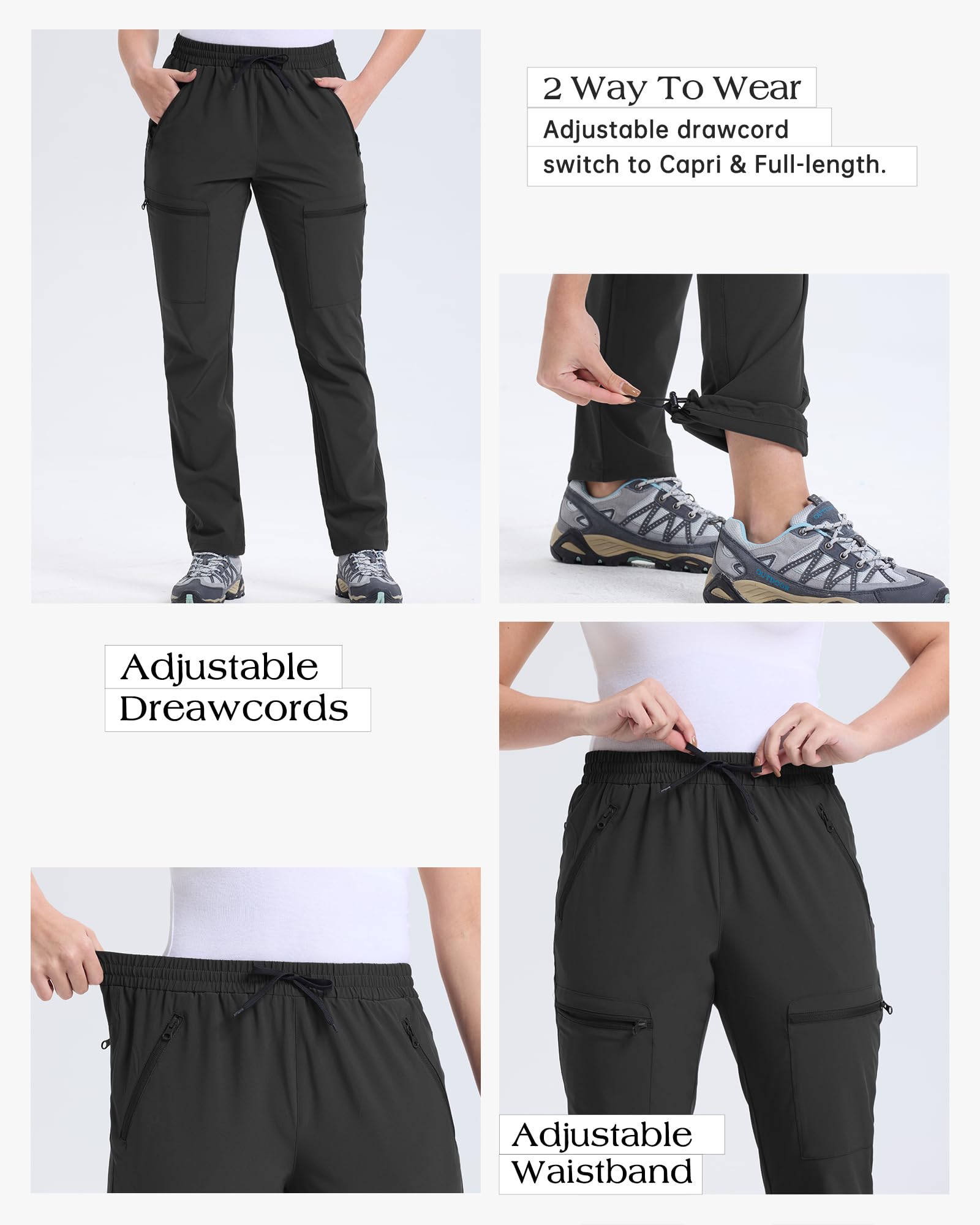 33,000ft Womens Golf Pants with 5 Zippered Pockets Quick Dry Lightweight Hiking Pants Elastic Waist Water-Resistant Outdoor Black