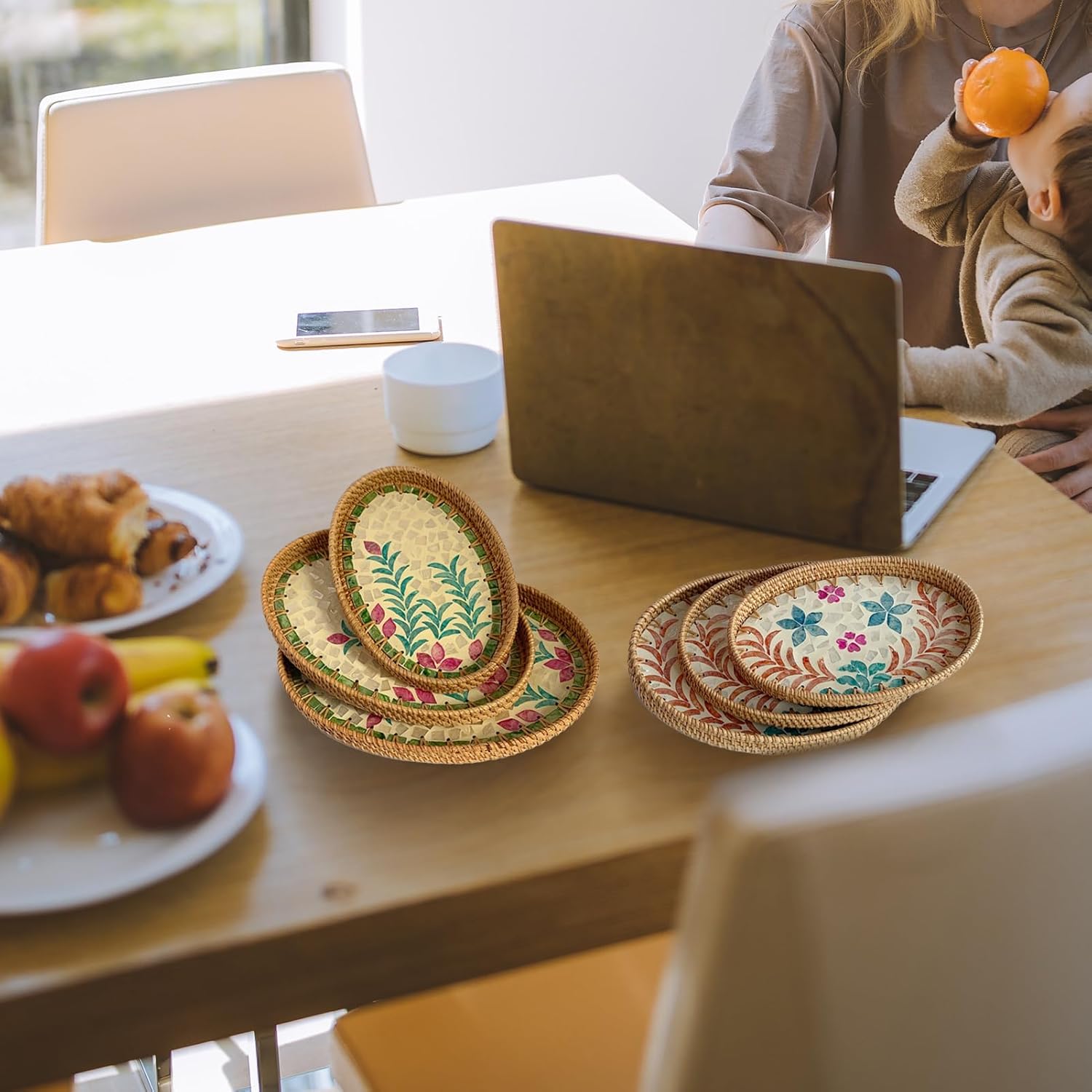 Set of 3 Rattan Serving Tray Handwoven Colorful Shell Oval Tray Desktop Decorative Basket Trays Snack Fruit Storage Tray for Dining, Coffee, Home Decor(Underwater World)