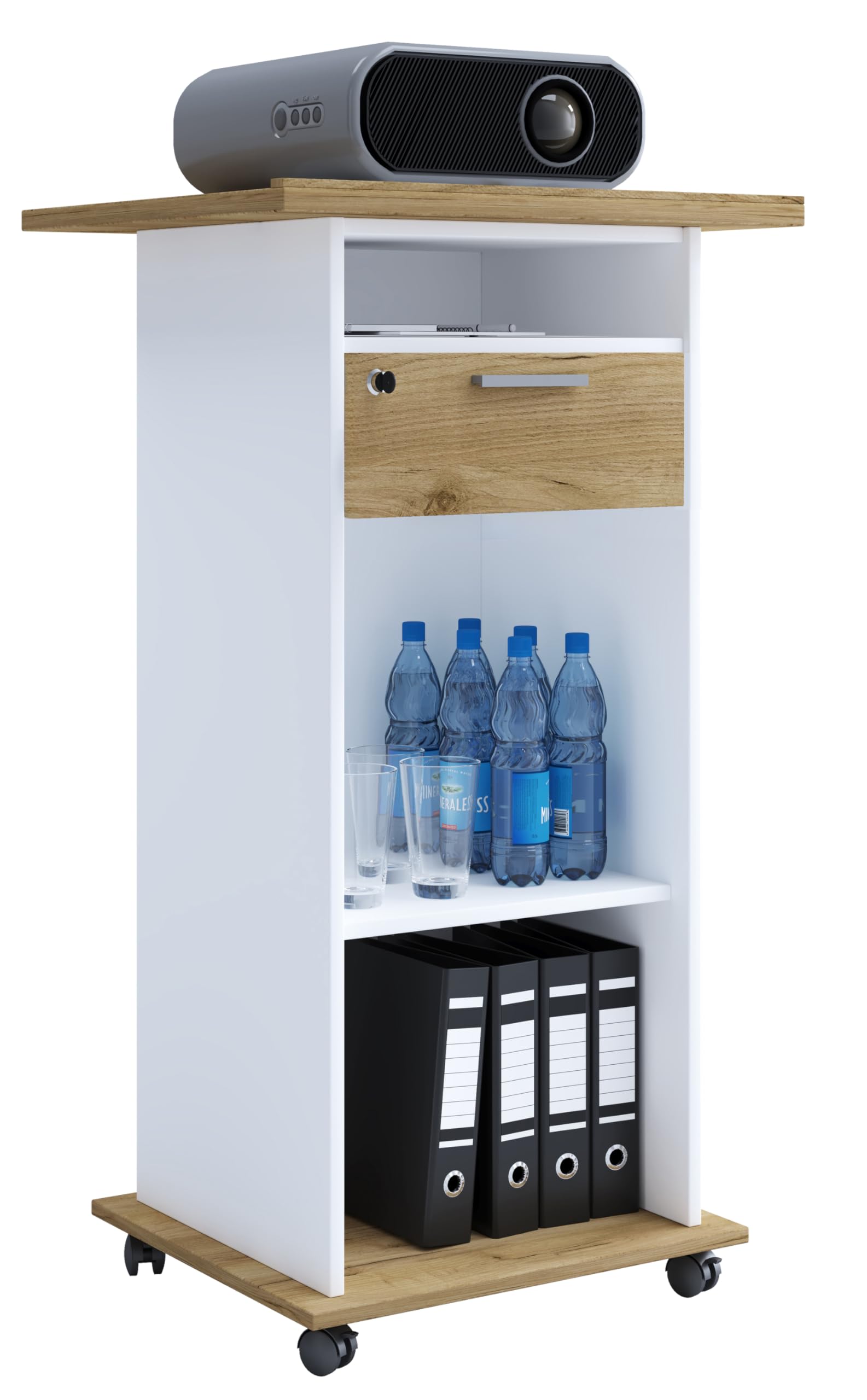 VCM Bois Table Meuble Chariot Chariot Beamer Projecteur roulettes Neta Bois Table Meuble Chariot Chariot Beamer Projecteur roulettes Neta Blanc/Chêne Miel