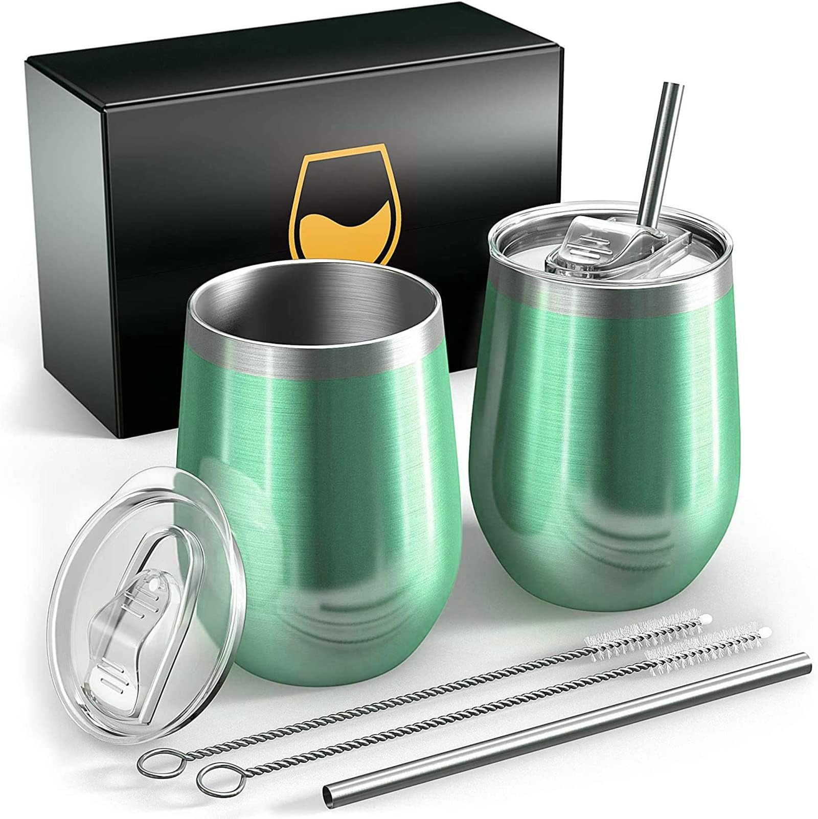 FloweryOcean Weinbecher aus Edelstahl, 2 Stück 12OZ Weingläser to go, hält 5h heiß/ 10h kalt, BPA-frei, Doppelwandigen Vakuumisoliert Weinglas, Camping Geschenk für Frauen, Grün