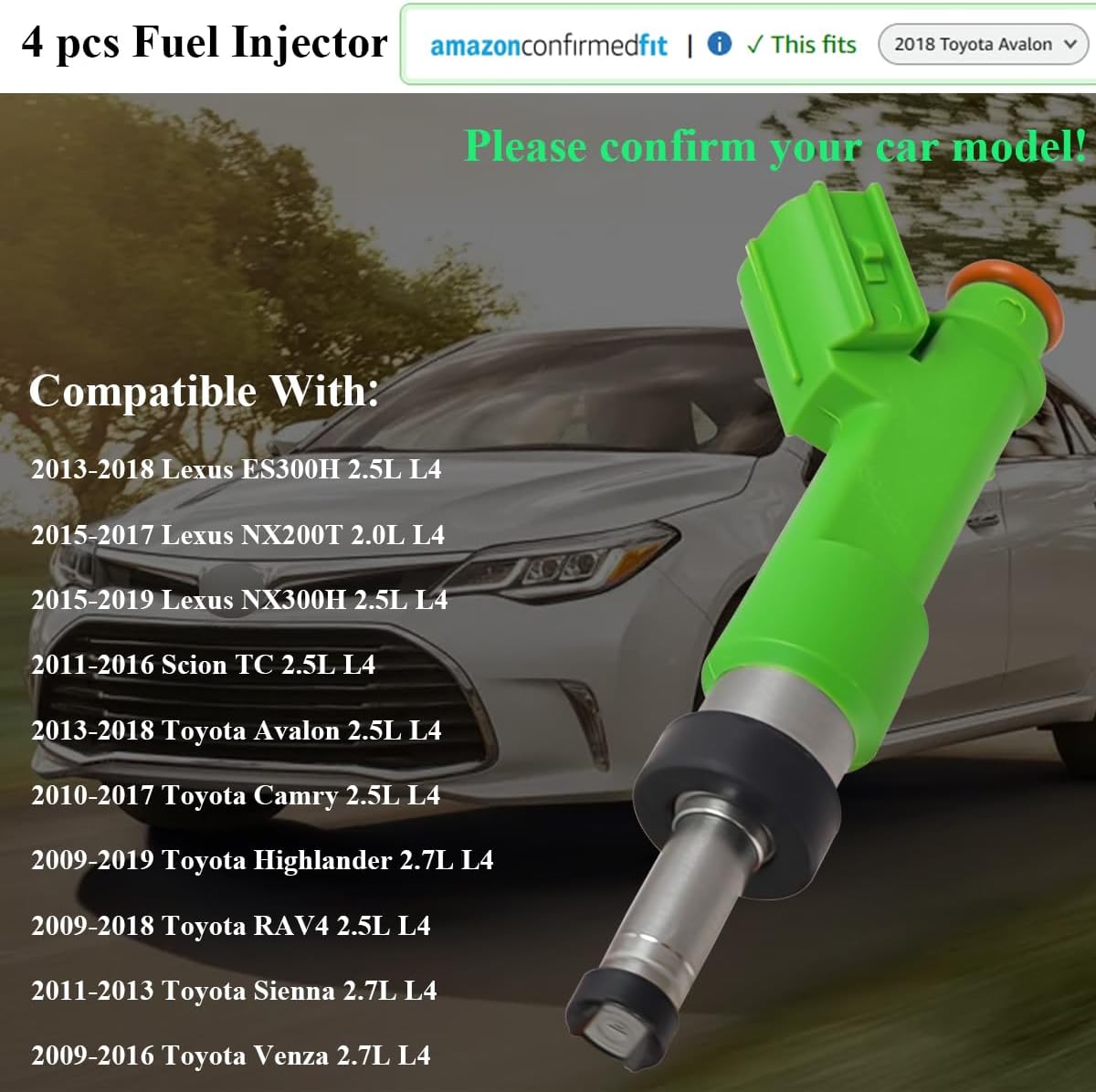 Engine Fuel Injector Kits Fit for Lexus ES300H NX200T NX300H Scion TC, for Toyota Avalon Camry Highlander RAV4 Sienna Venza, Set of 4 Fuel Injectors Replace OE # 23250-0V010