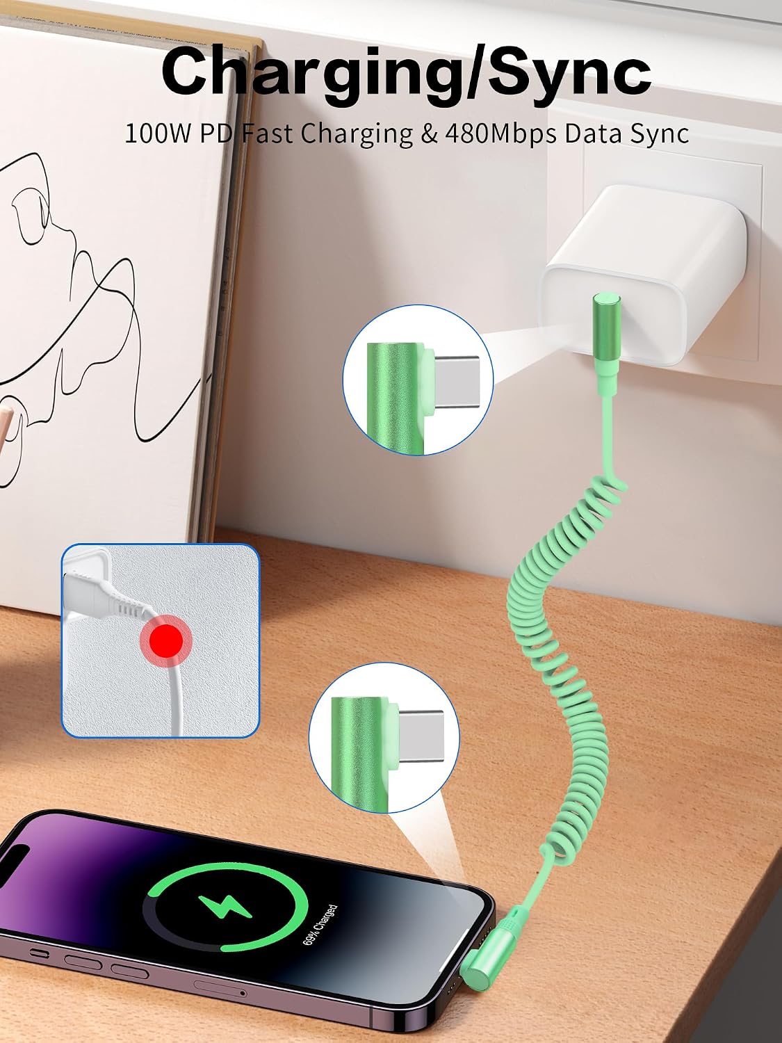 YACSEJAO 90 Degree Spring Coiled USB C to USB C Charging Cable (Green) image 4